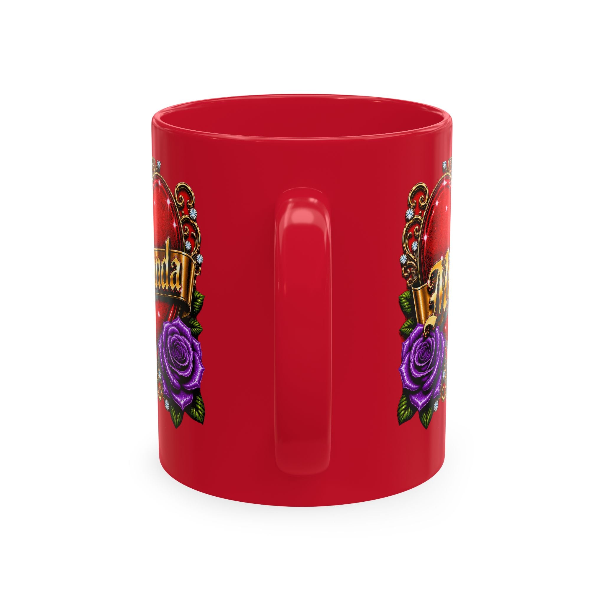 Luxury Personalized Miranda Red Accent Mug – Elegant Gold Heart, Purple Rose & Diamond Design | Premium Custom Name Coffee Mug Gift for Her