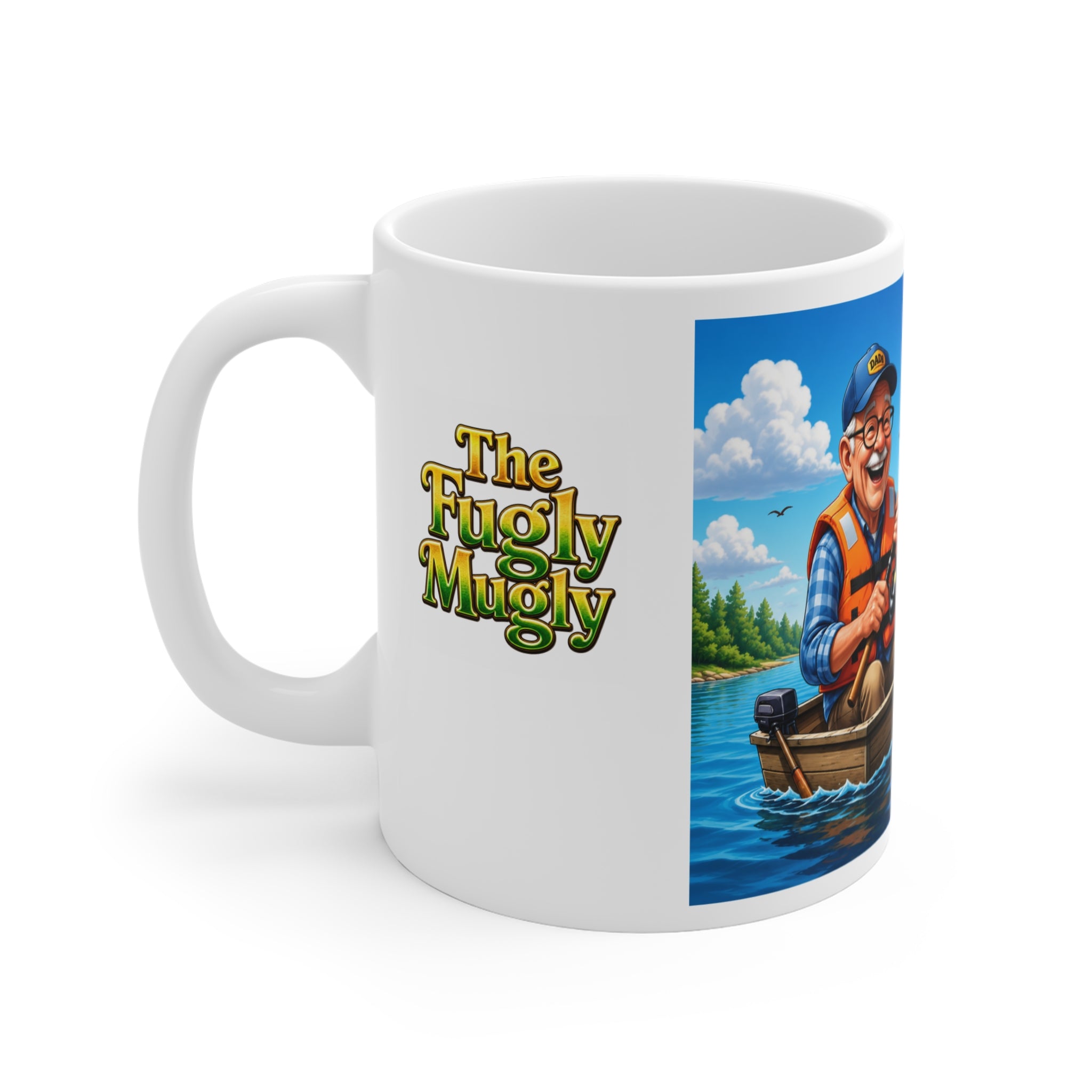 The Fugly Mugly™ Happy Fisherman White Mug | Fishing Artwork Coffee Mug