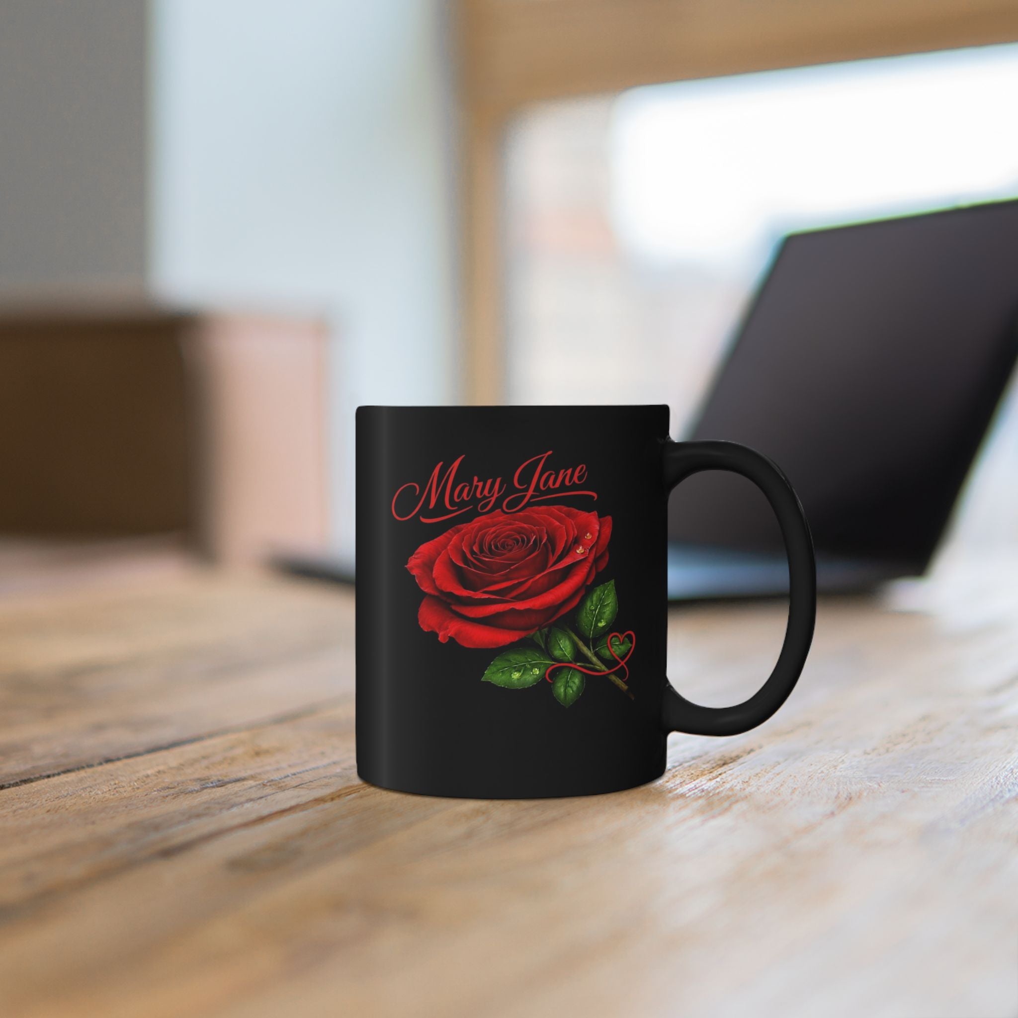 Mary Jane – A Name That Feels Familiar and Strong | Signature Rose Black Mug – Elegant Personalized Gift