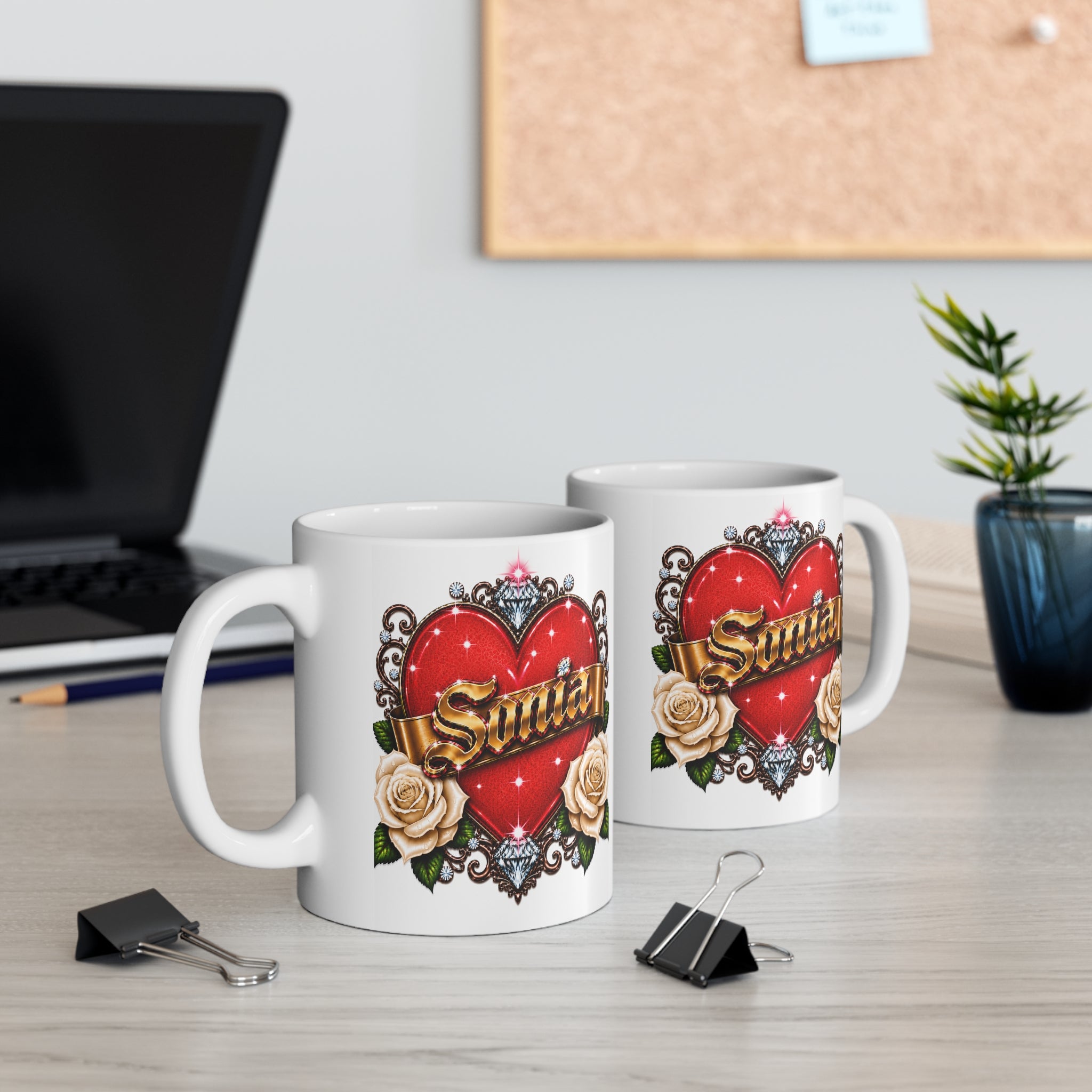 Sonia Personalized Heart & White Rose Luxury Coffee Mug – Elegant Custom Name Gift | Premium Ceramic Mug