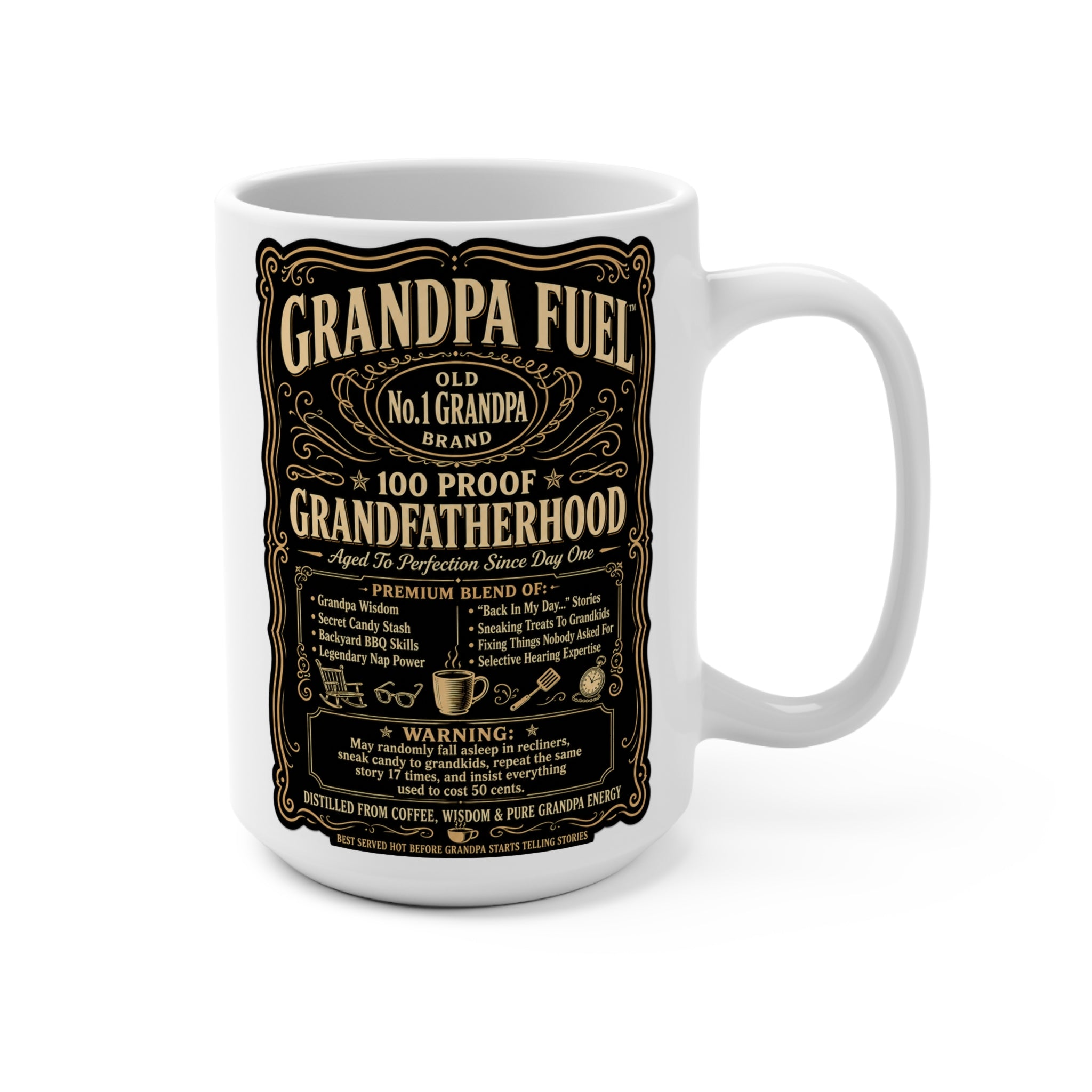 The Fugly Mugly™ Grandpa Fuel Mug – Premium Vintage Whiskey Label Style Grandpa Coffee Mug | Luxury Grandfather Gift | Bold Black & Vanilla Retro Design