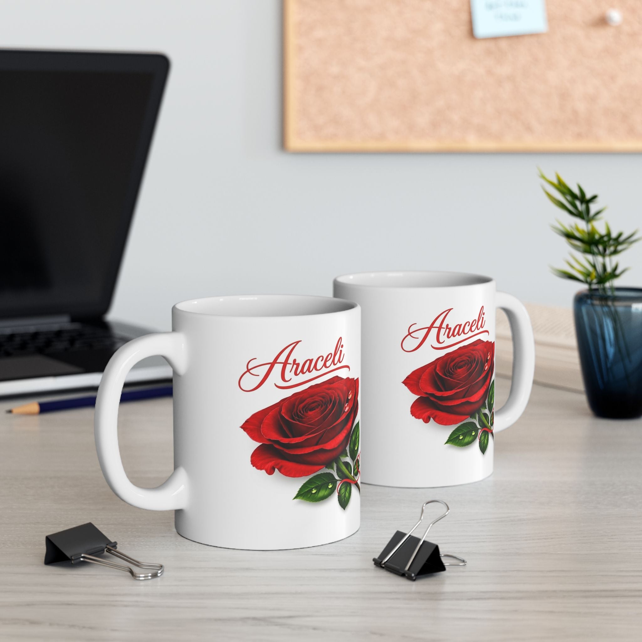 Araceli Signature Rose White Mug – Personalized Luxury Gift, Elegant Rose Coffee Mug, Premium Floral Keepsake