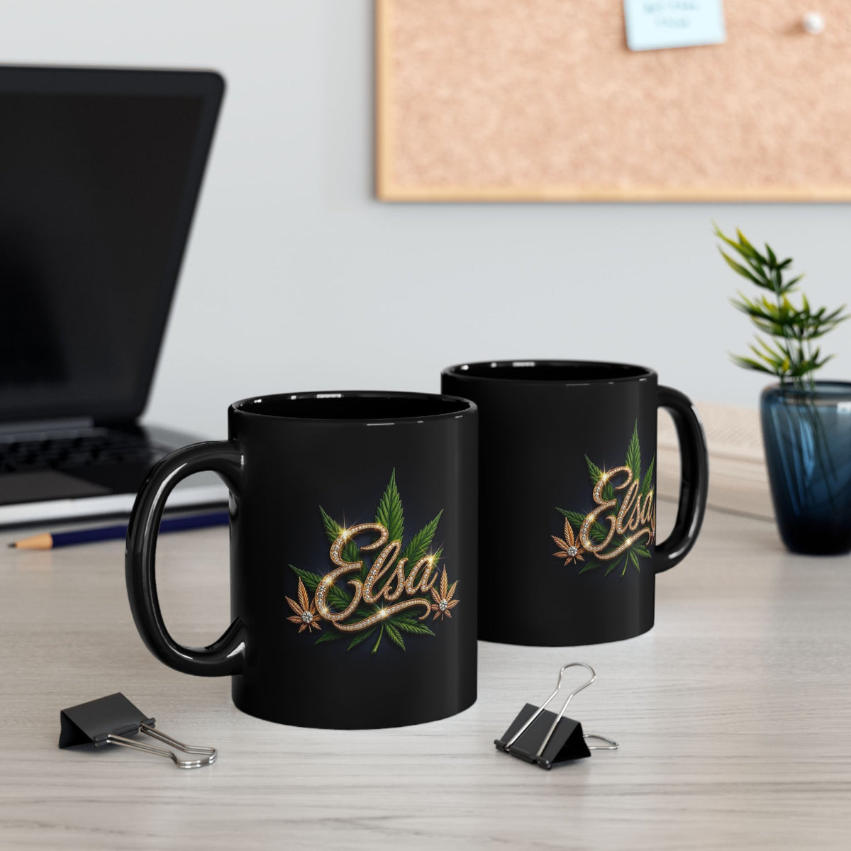 Elsa Emerald Royale – Diamond Gold Cannabis Leaf Luxury Black Ceramic Mug