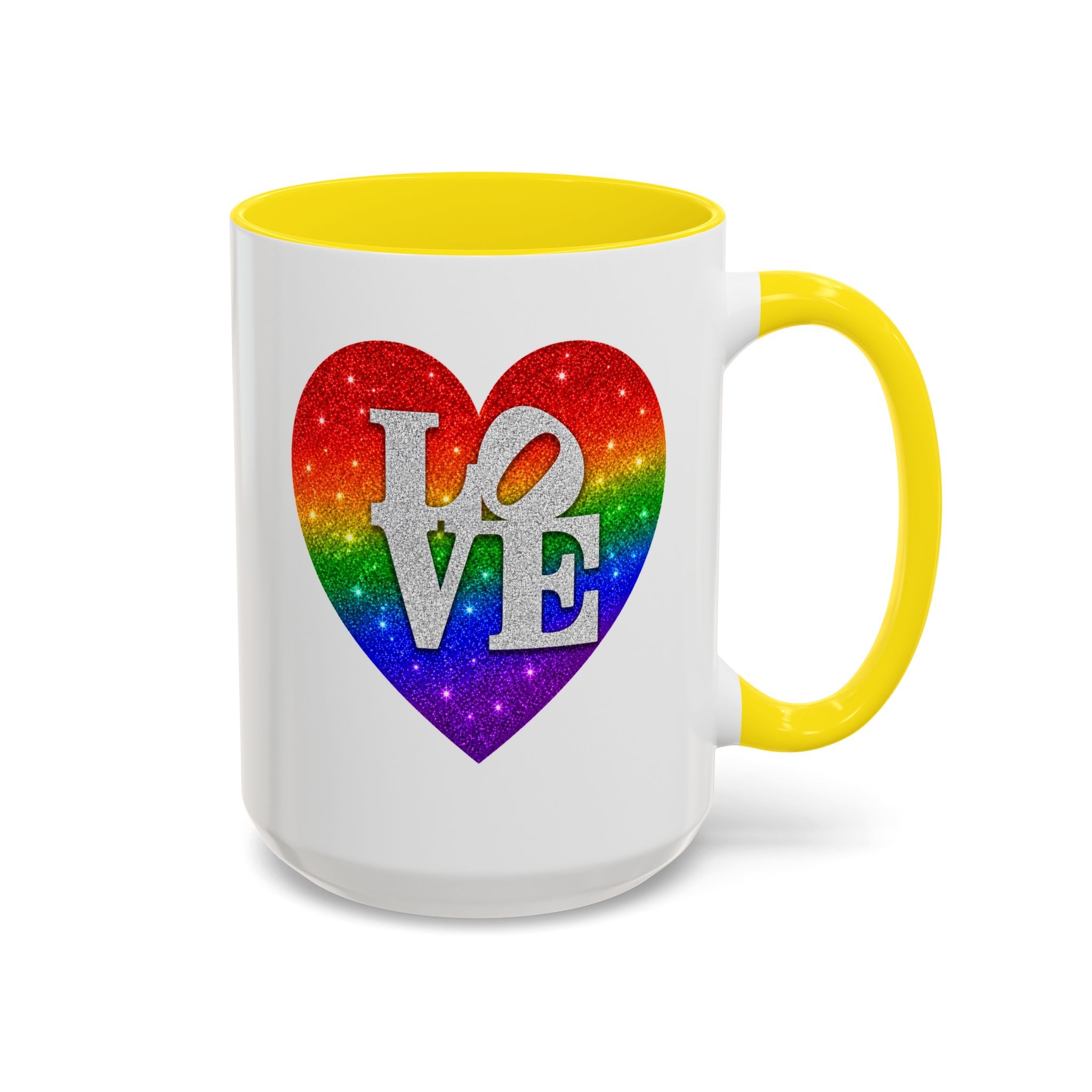 Rainbow LOVE Jewel Heart White Coffee Mug – Luxury Glitter Heart Mug | Premium Sparkling Rainbow LOVE Design