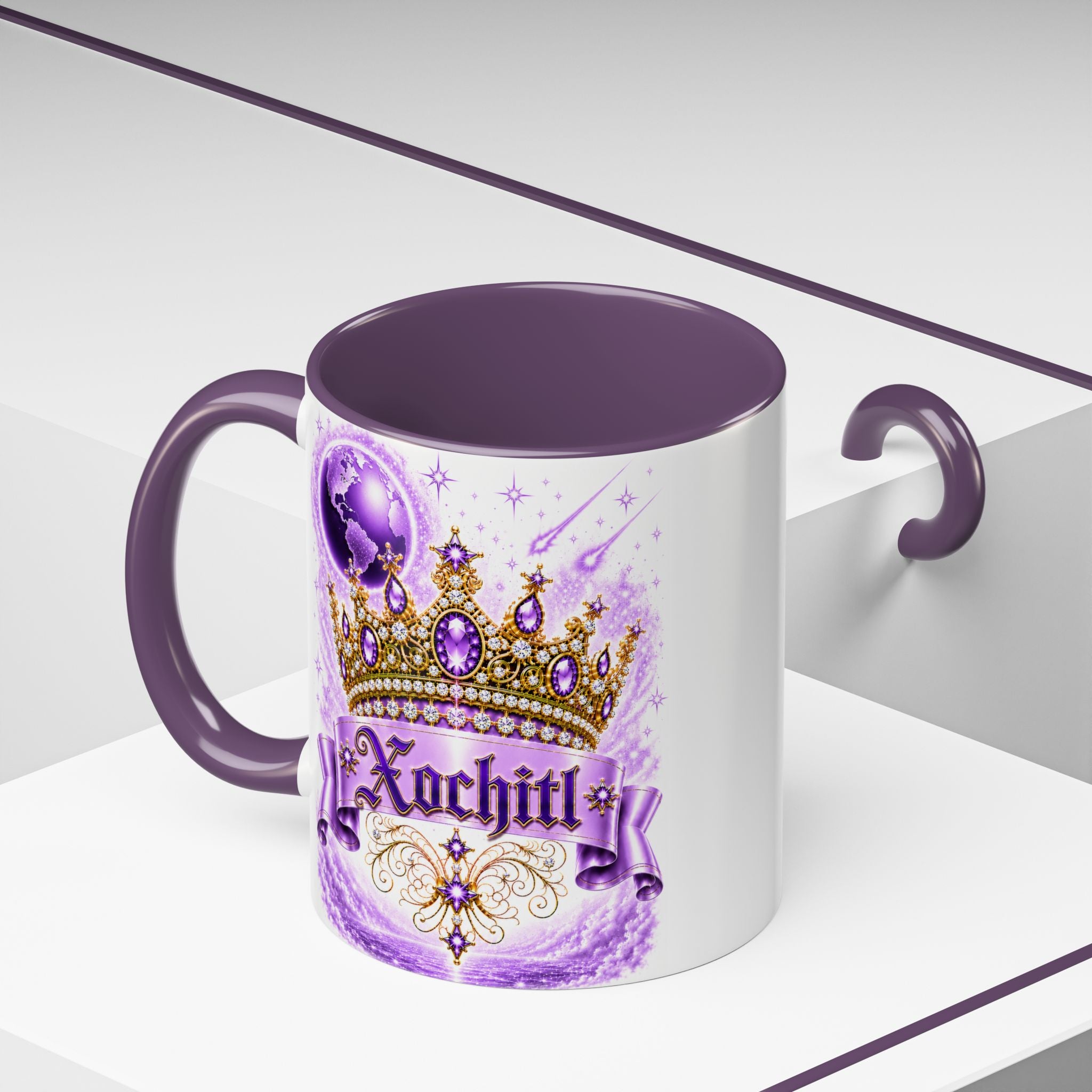 The Purple Crown of Destiny™ | Xochitl Personalized Royal Crown Mug | Luxury Celestial Fantasy Coffee Mug | Premium White Ceramic Mug | The Fugly Mugly™