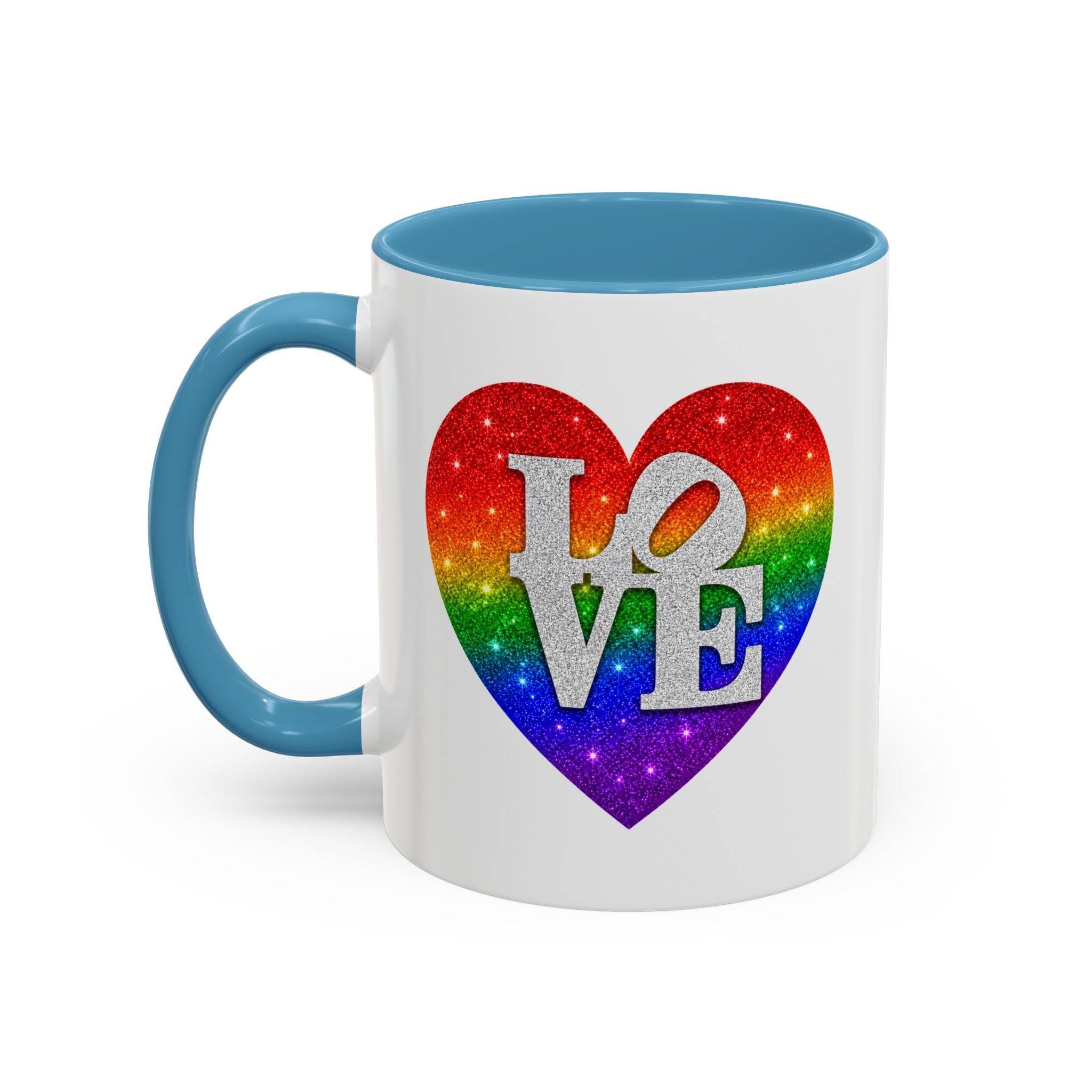 Rainbow LOVE Jewel Heart White Coffee Mug – Luxury Glitter Heart Mug | Premium Sparkling Rainbow LOVE Design