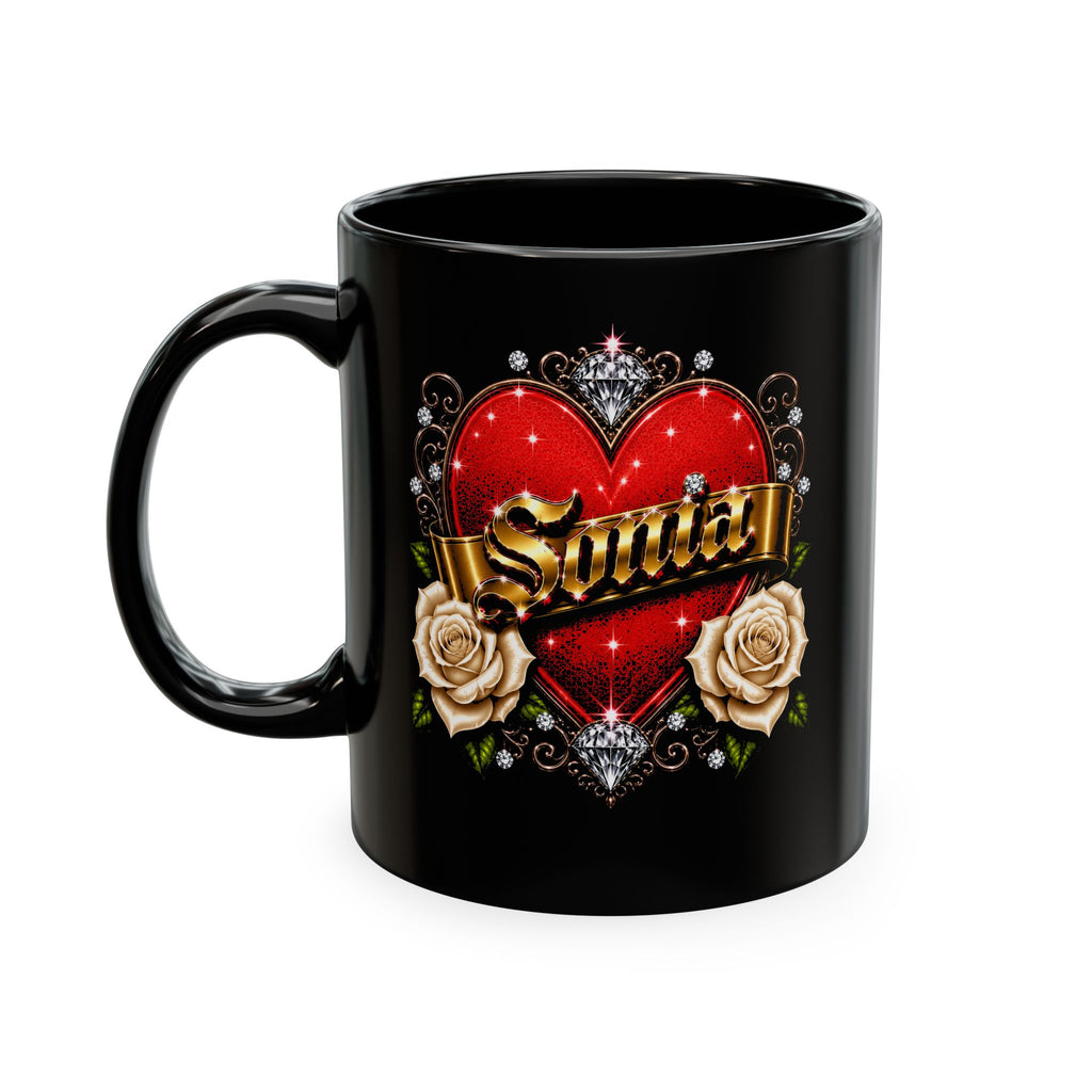 Sonia Personalized Heart & White Rose Luxury Coffee Mug – Elegant Custom Name Gift | Premium Ceramic Mug