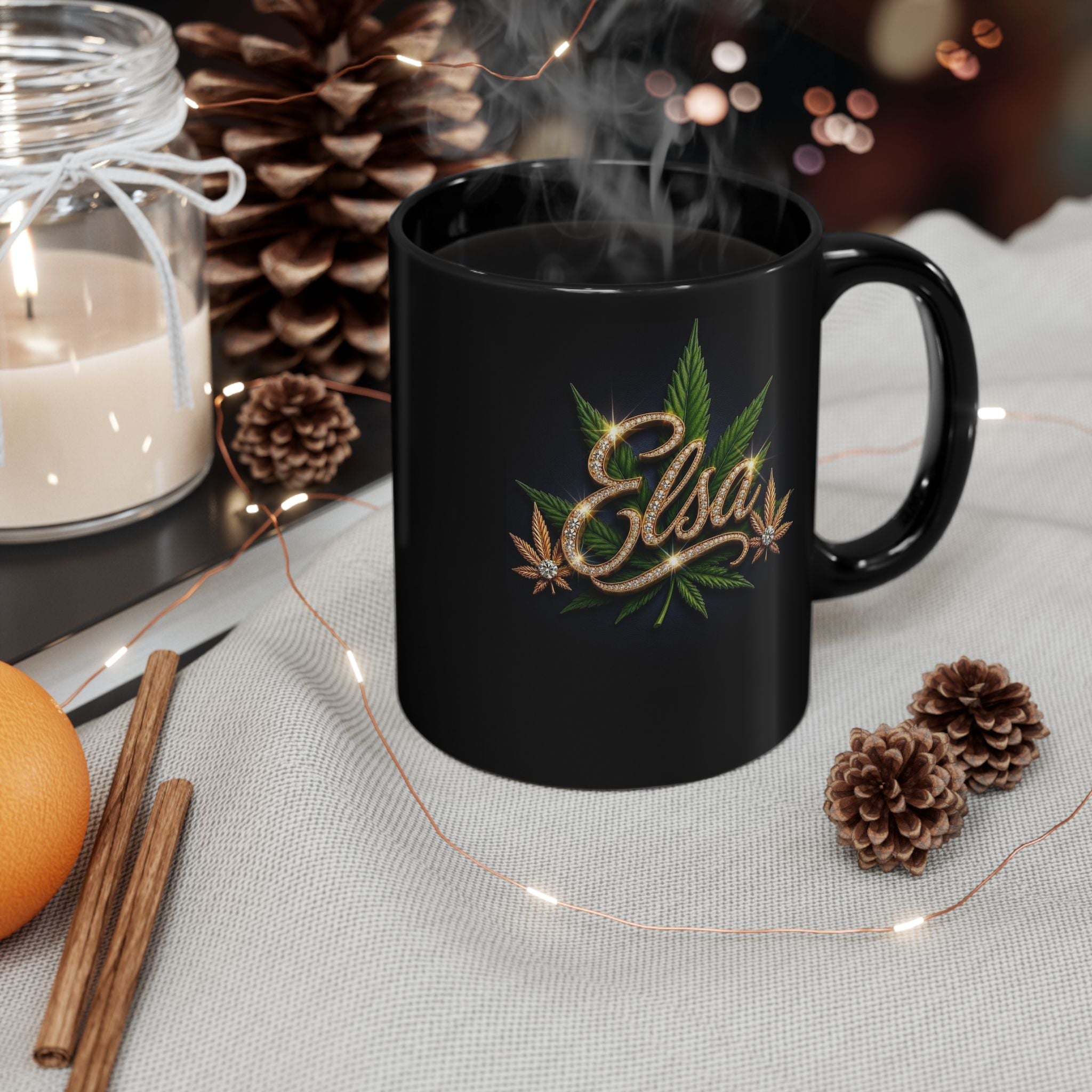 Elsa Emerald Royale – Diamond Gold Cannabis Leaf Luxury Black Ceramic Mug