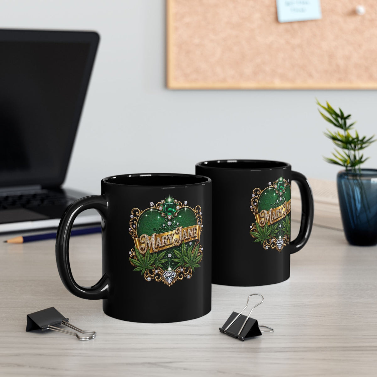 Mary Jane Emerald Royale – Luxury Cannabis Leaf & Diamond Gold Ceramic Mug