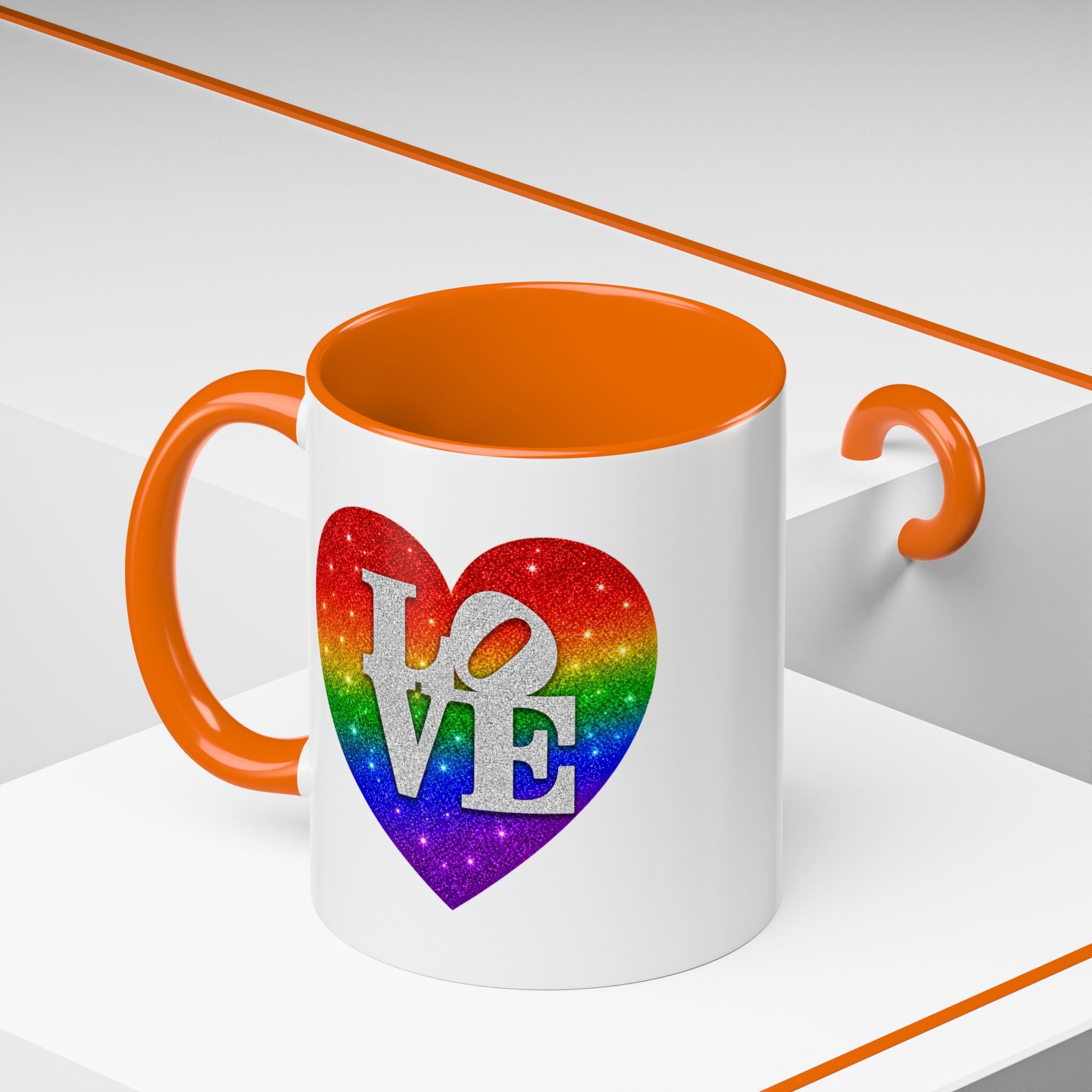 Rainbow LOVE Jewel Heart White Coffee Mug – Luxury Glitter Heart Mug | Premium Sparkling Rainbow LOVE Design