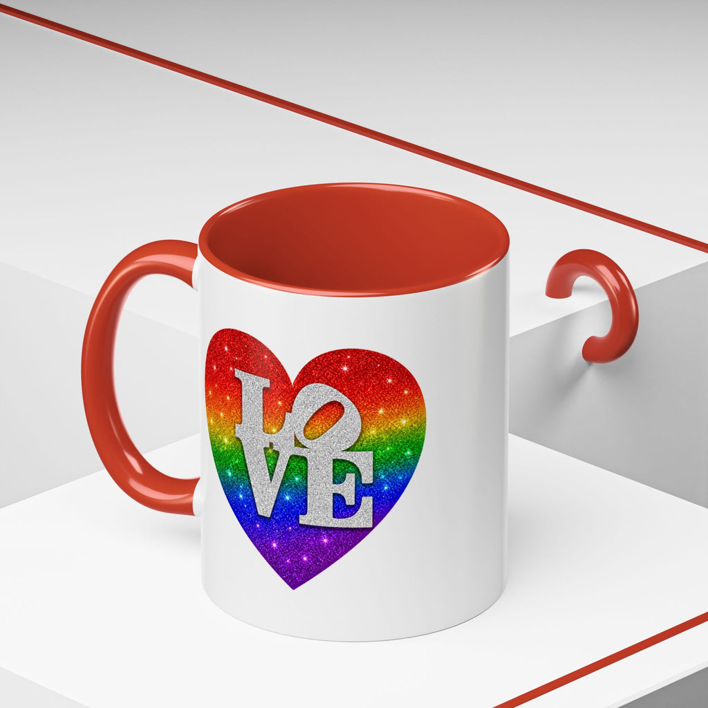 Rainbow LOVE Jewel Heart White Coffee Mug – Luxury Glitter Heart Mug | Premium Sparkling Rainbow LOVE Design