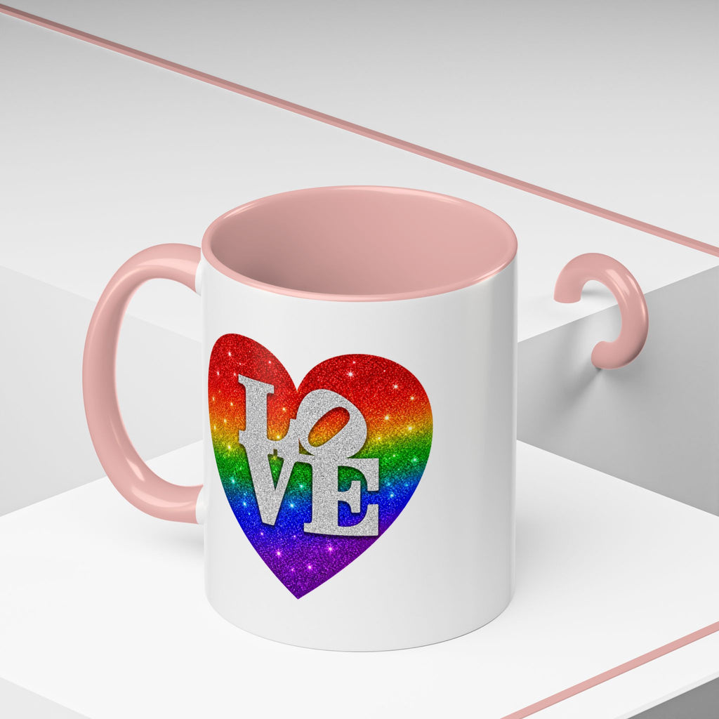 Rainbow LOVE Jewel Heart White Coffee Mug – Luxury Glitter Heart Mug | Premium Sparkling Rainbow LOVE Design