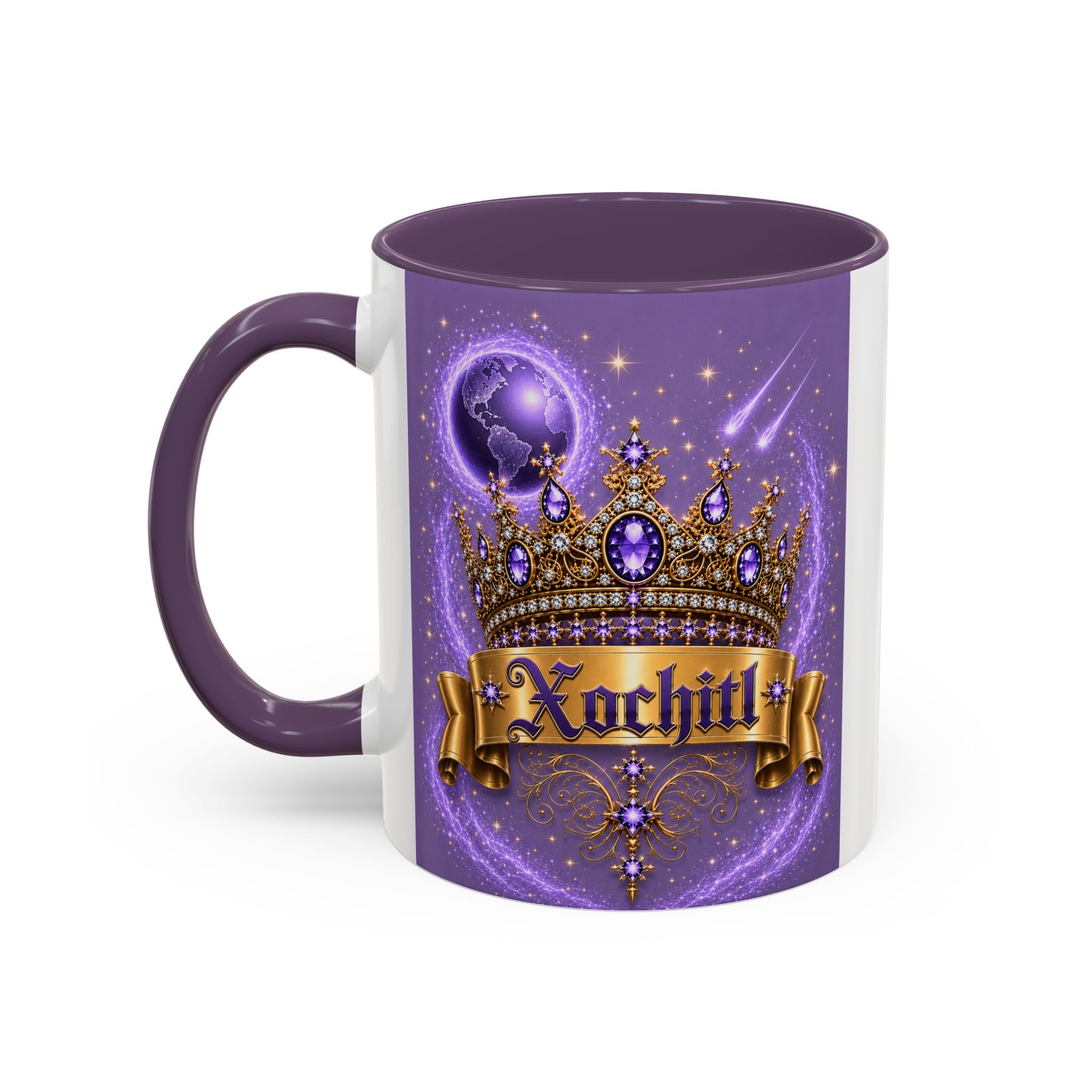 The Purple Crown of Destiny™ | Xochitl Personalized Royal Crown Mug | Luxury Celestial Fantasy Coffee Mug | Premium White Ceramic Mug | The Fugly Mugly™