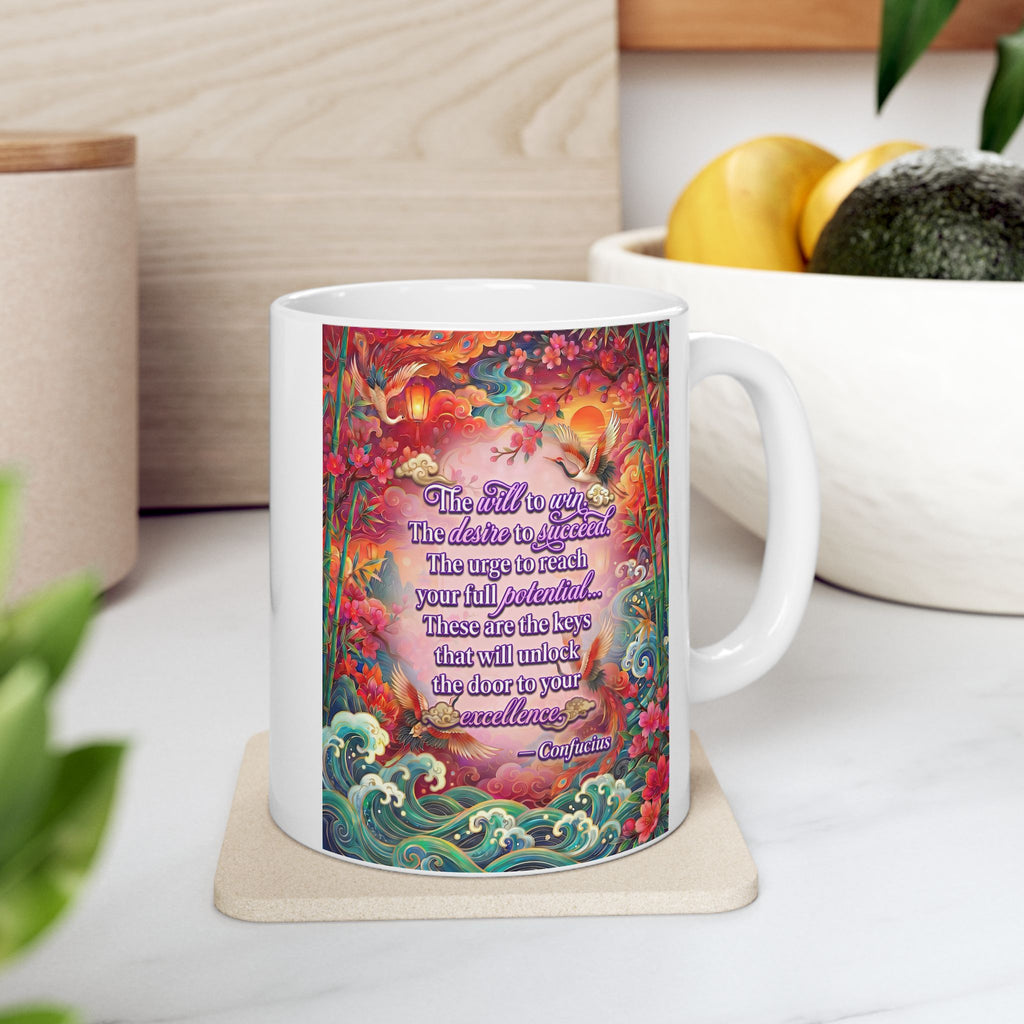 The Keys to Excellence – Confucius Wisdom White Mug | Luxury Philosophy Coffee Mug