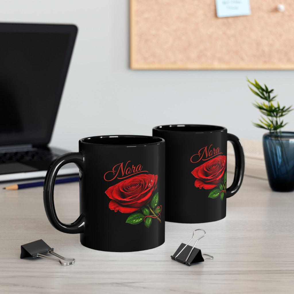 Nora – A Name That Feels Like Grace | Signature Rose Black Mug – Personalized Elegant Gift