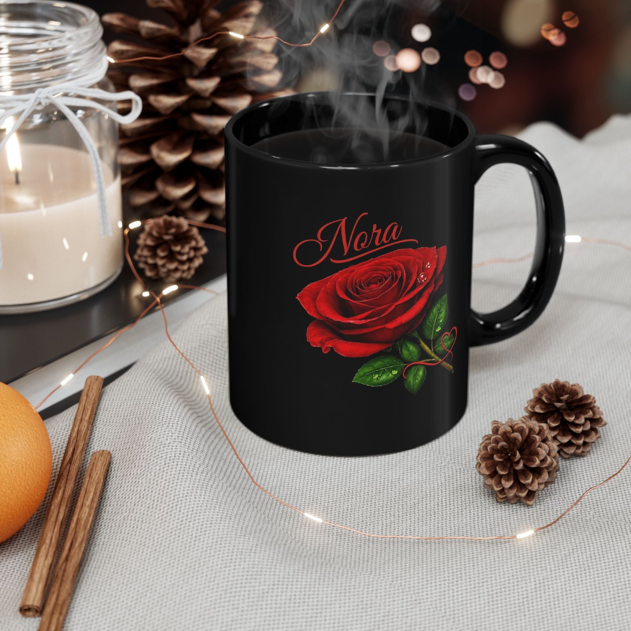 Nora – A Name That Feels Like Grace | Signature Rose Black Mug – Personalized Elegant Gift