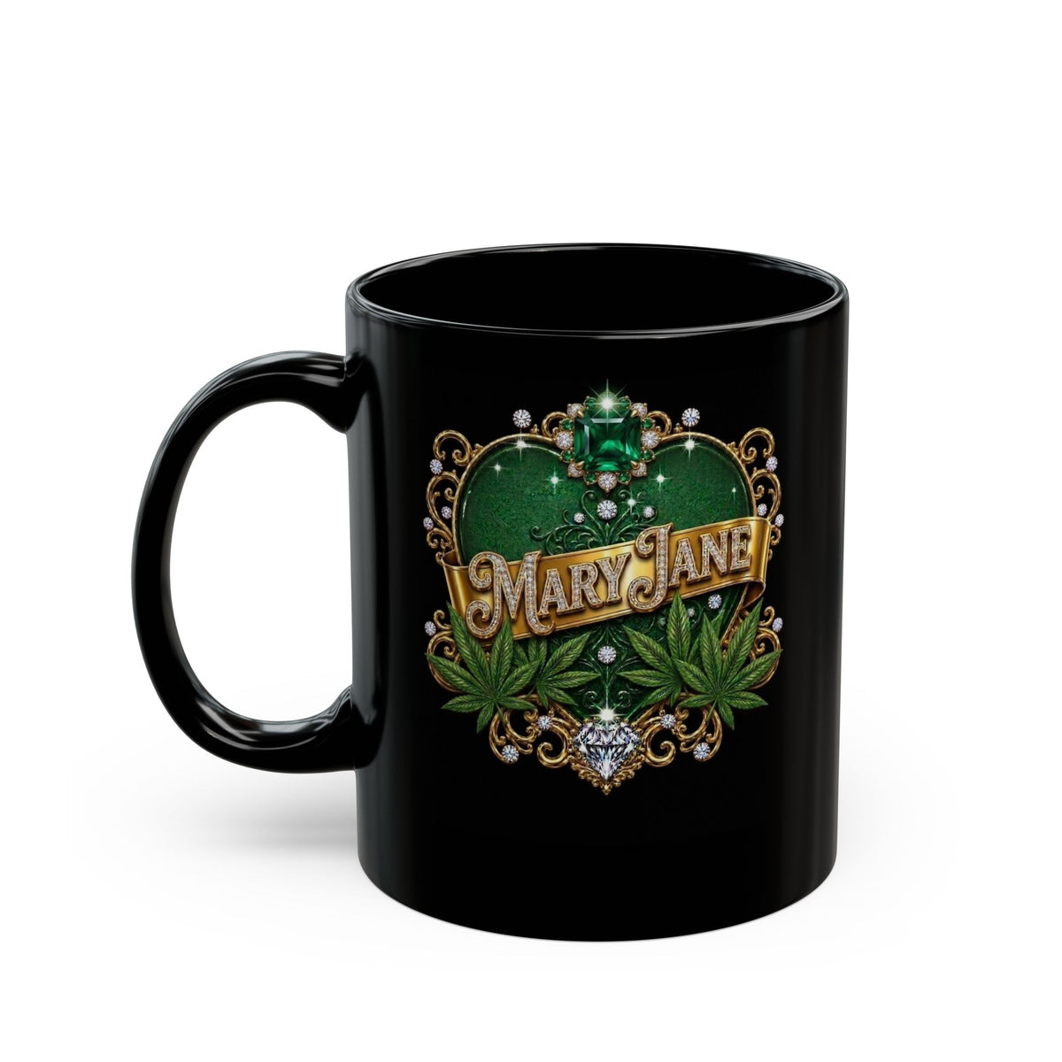 Mary Jane Emerald Royale – Luxury Cannabis Leaf & Diamond Gold Ceramic Mug