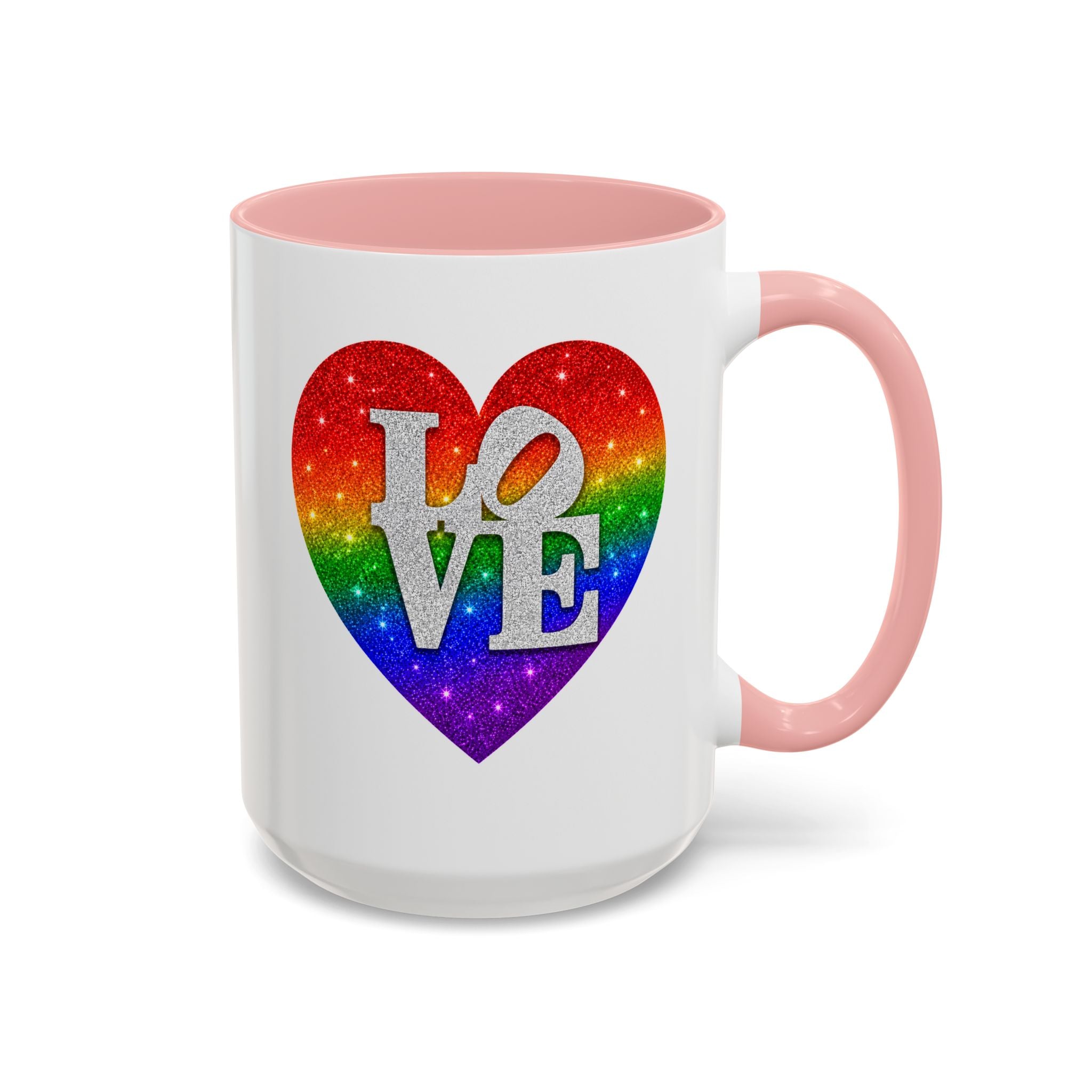 Rainbow LOVE Jewel Heart White Coffee Mug – Luxury Glitter Heart Mug | Premium Sparkling Rainbow LOVE Design
