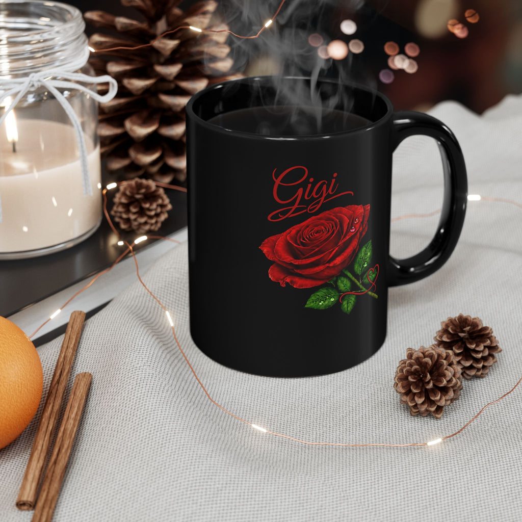 The Gigi – Signature Rose Black Mug carries a soft, refined presence that feels warm, familiar, and deeply personal