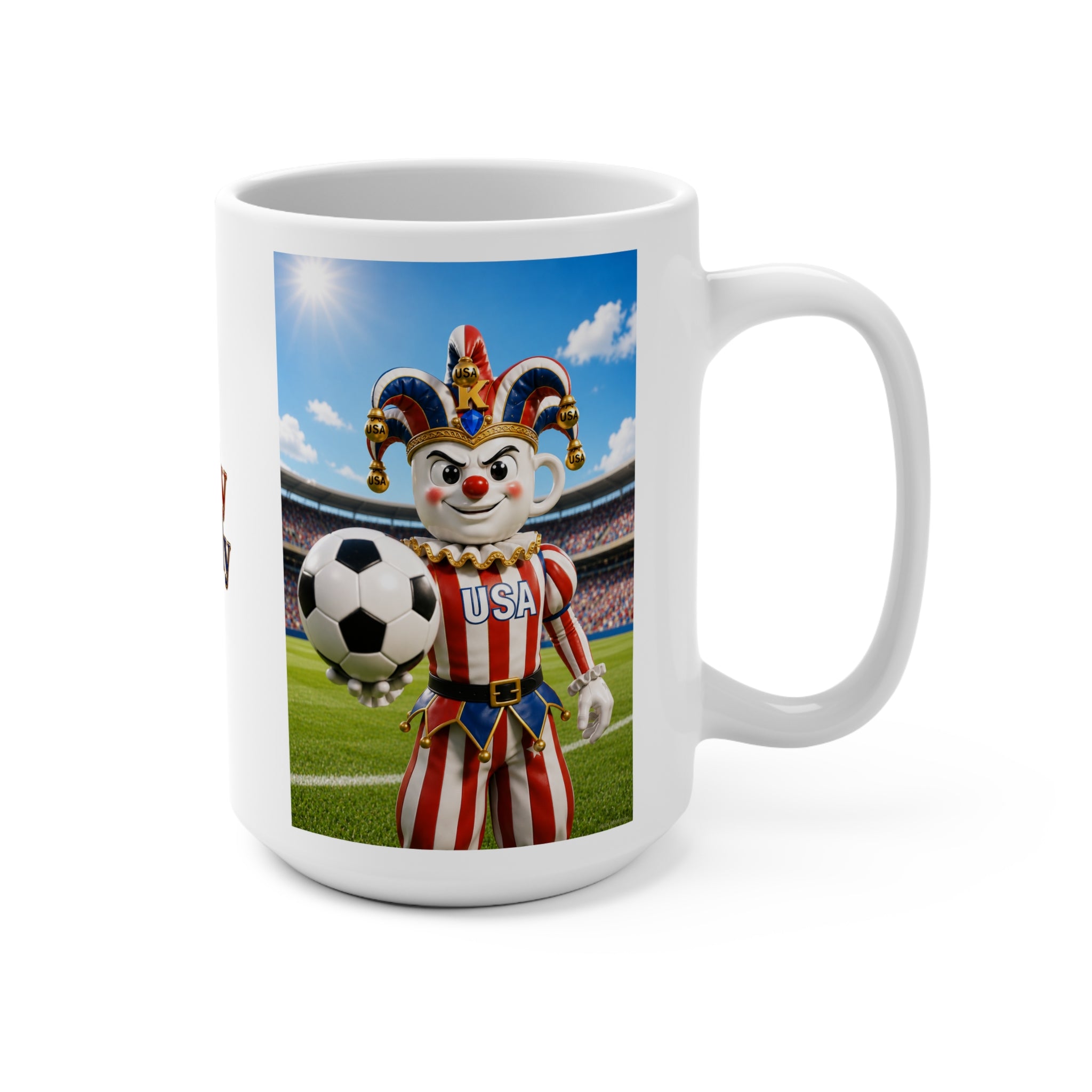 The Fugly Mugly™ USA Soccer Jester White Mug – Patriotic FIFA-Inspired Collectible Artwork Coffee Mug