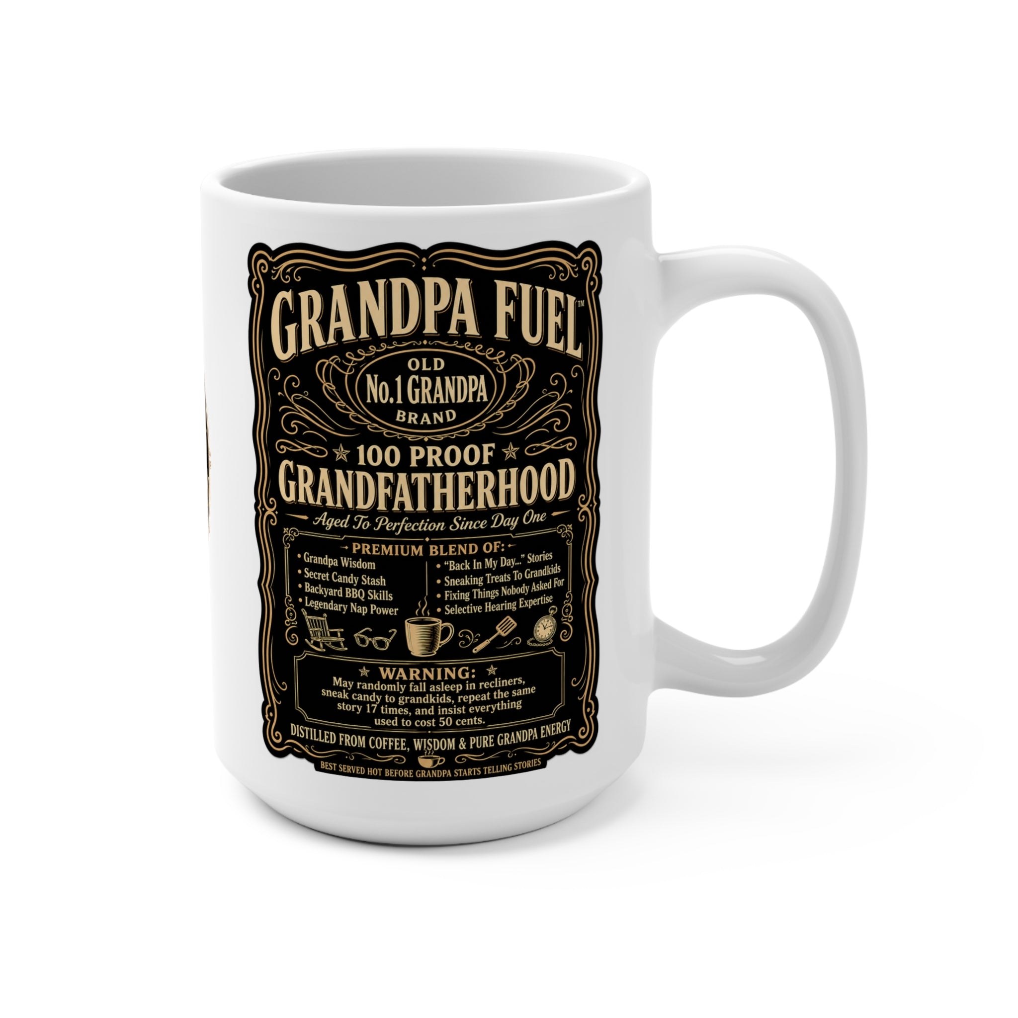 The Fugly Mugly™ Grandpa Fuel Mug – Premium Vintage Whiskey Label Style Grandpa Coffee Mug | Luxury Grandfather Gift | Bold Black & Vanilla Retro Design