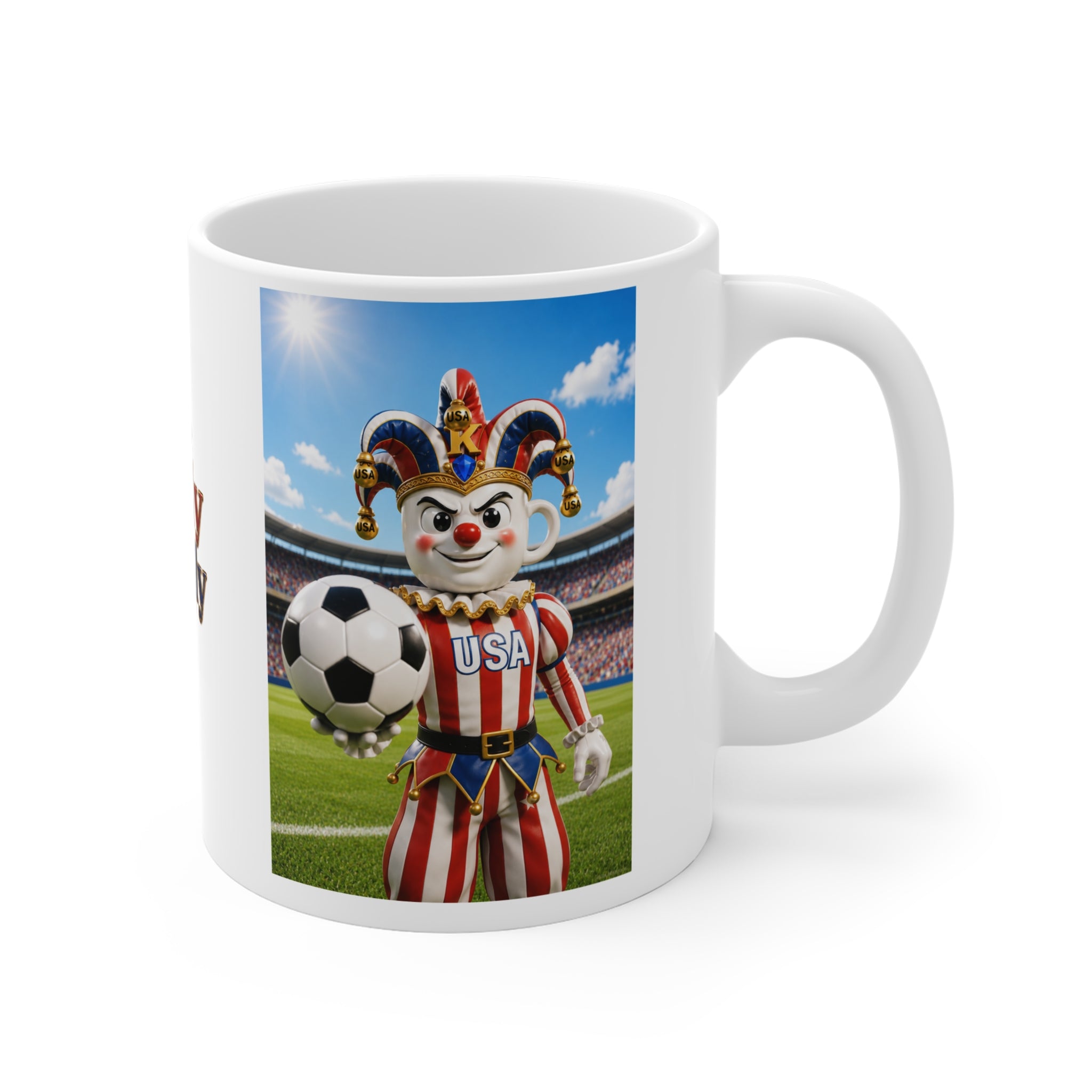 The Fugly Mugly™ USA Soccer Jester White Mug – Patriotic FIFA-Inspired Collectible Artwork Coffee Mug