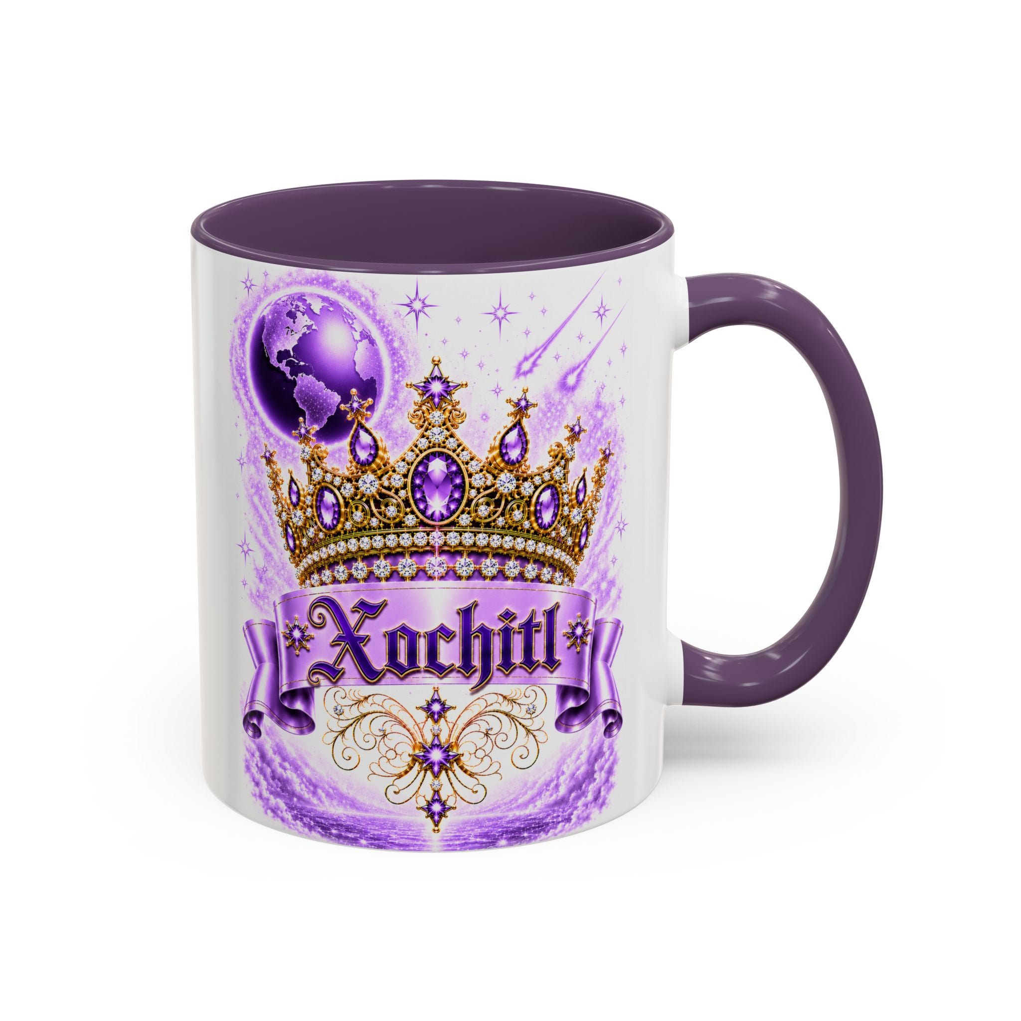 The Purple Crown of Destiny™ | Xochitl Personalized Royal Crown Mug | Luxury Celestial Fantasy Coffee Mug | Premium White Ceramic Mug | The Fugly Mugly™