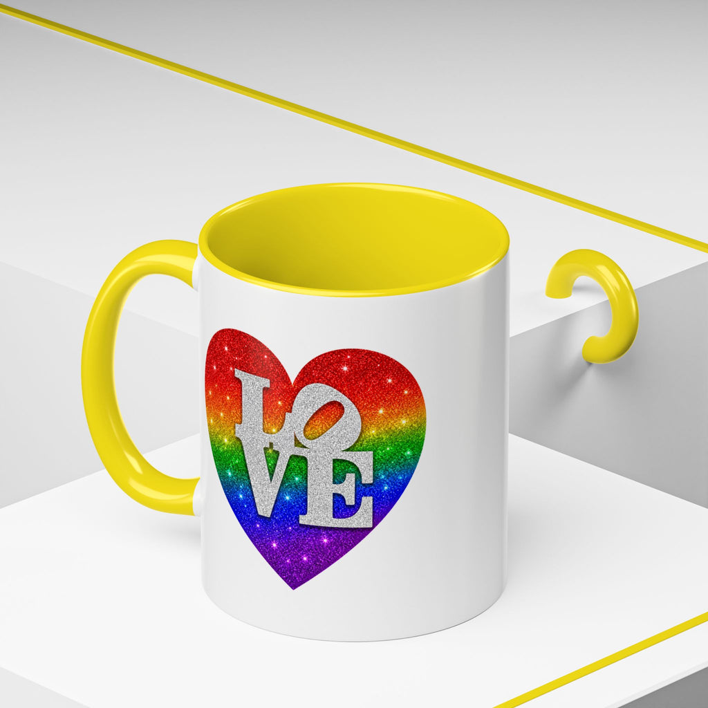 Rainbow LOVE Jewel Heart White Coffee Mug – Luxury Glitter Heart Mug | Premium Sparkling Rainbow LOVE Design