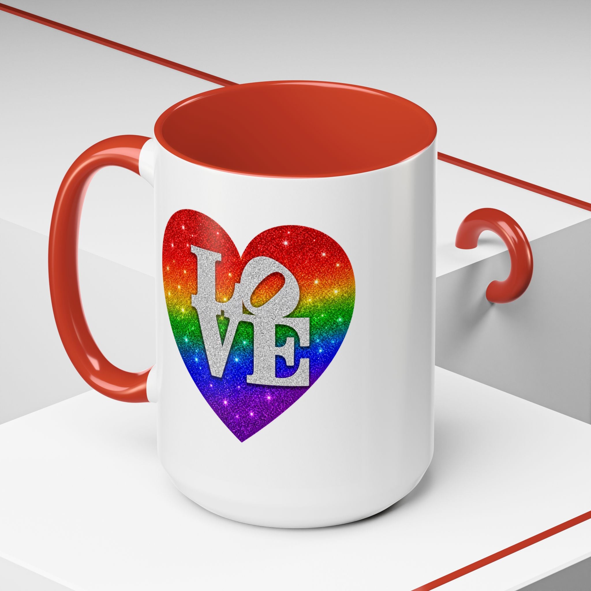 Rainbow LOVE Jewel Heart White Coffee Mug – Luxury Glitter Heart Mug | Premium Sparkling Rainbow LOVE Design