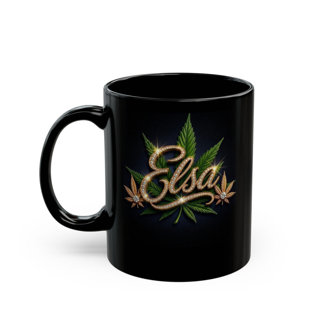 Elsa Emerald Royale – Diamond Gold Cannabis Leaf Luxury Black Ceramic Mug