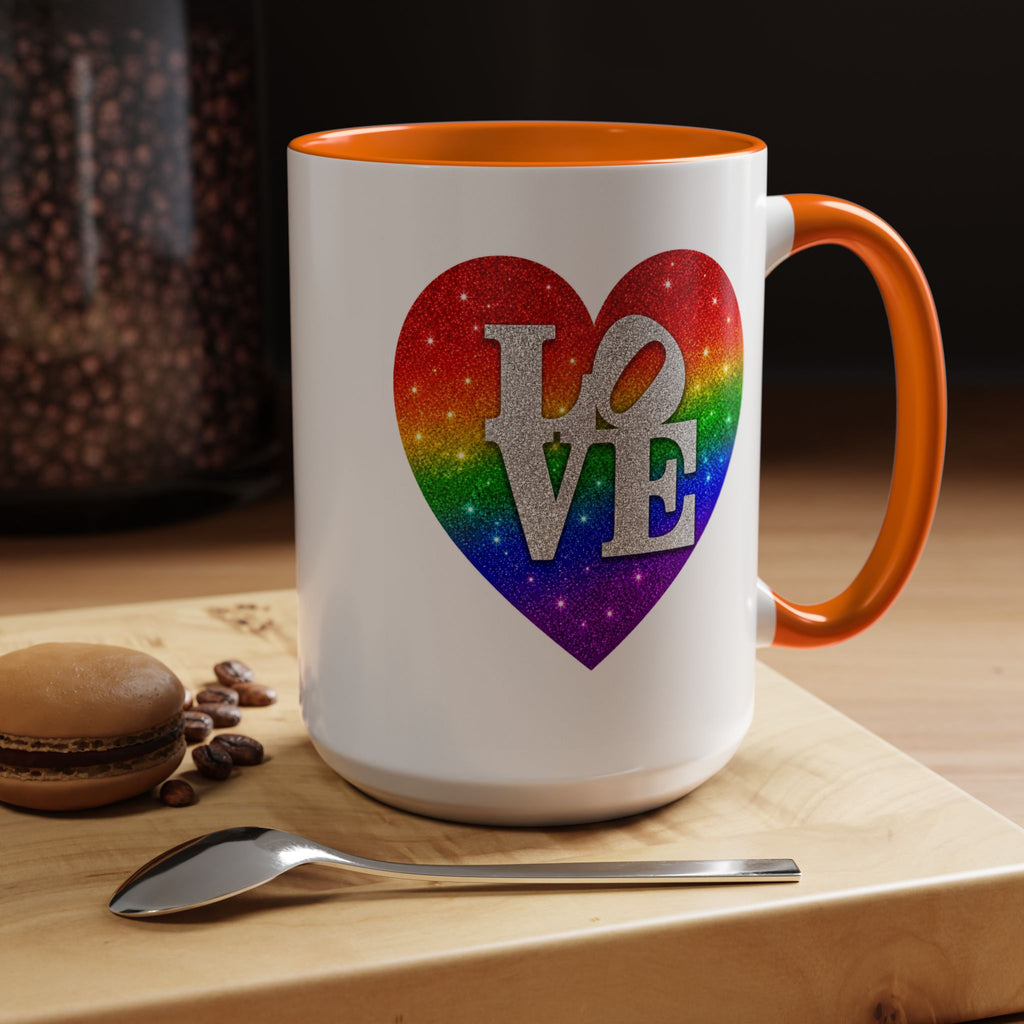Rainbow LOVE Jewel Heart White Coffee Mug – Luxury Glitter Heart Mug | Premium Sparkling Rainbow LOVE Design