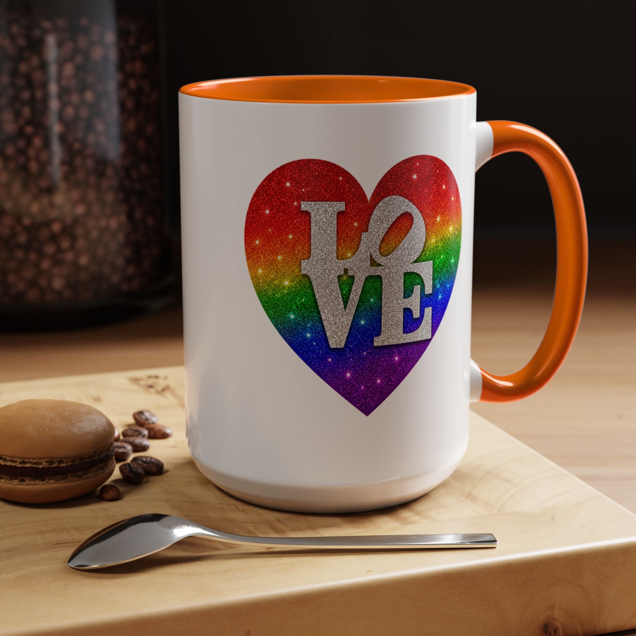 Rainbow LOVE Jewel Heart White Coffee Mug – Luxury Glitter Heart Mug | Premium Sparkling Rainbow LOVE Design