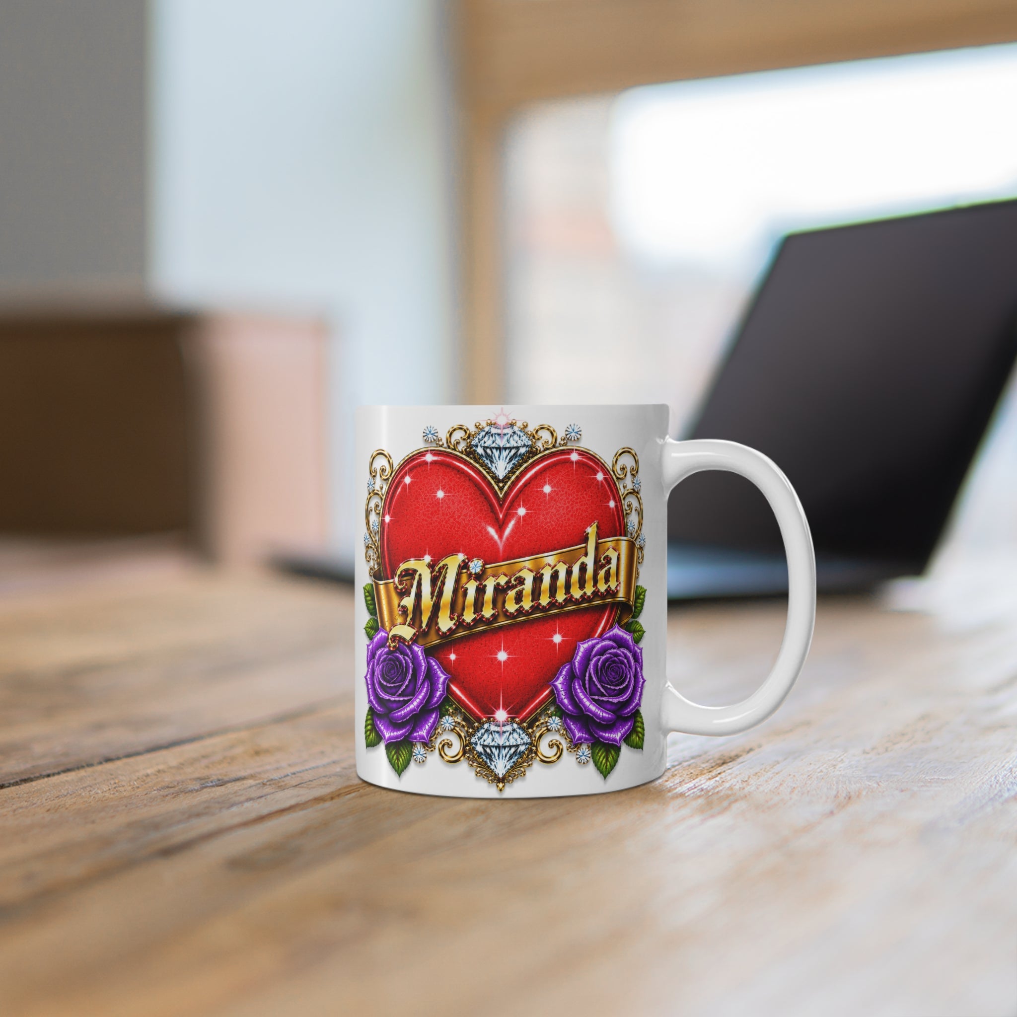 Miranda | The Heart of Devotion™ Luxury Personalized Rose Heart Mug | Romantic Custom Name Ceramic Coffee Mug