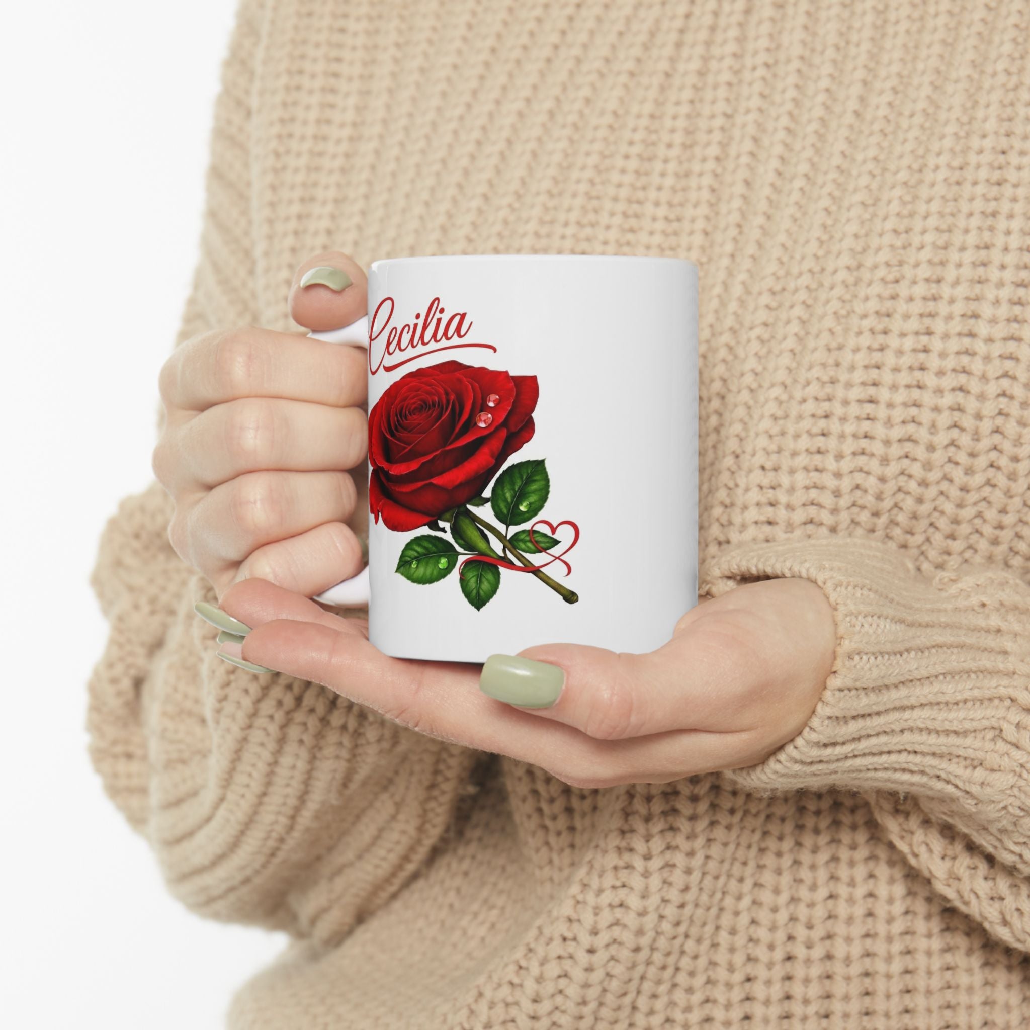 Cecilia – A Name That Feels Timeless | Signature Rose White Mug – Personalized Elegant Gift