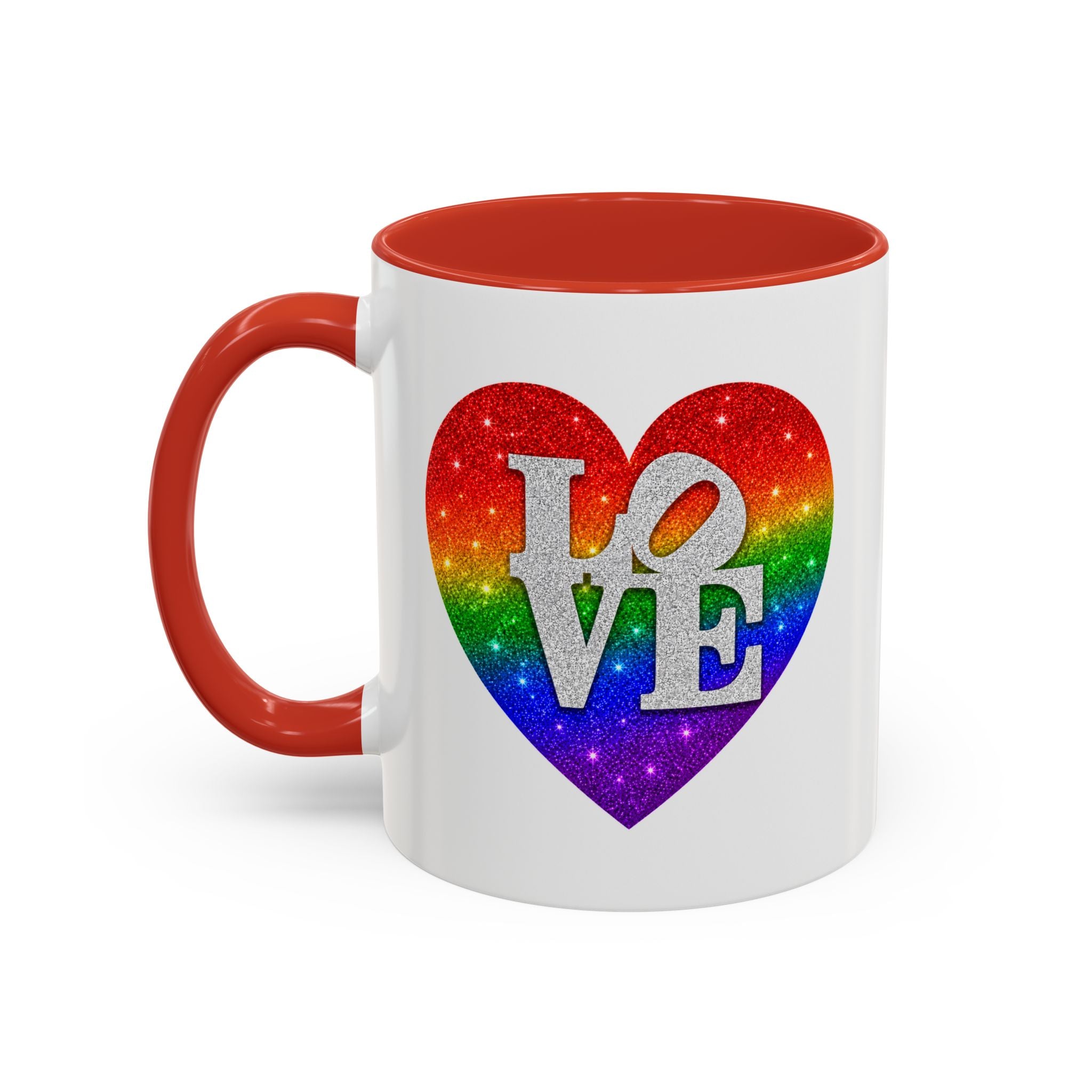Rainbow LOVE Jewel Heart White Coffee Mug – Luxury Glitter Heart Mug | Premium Sparkling Rainbow LOVE Design