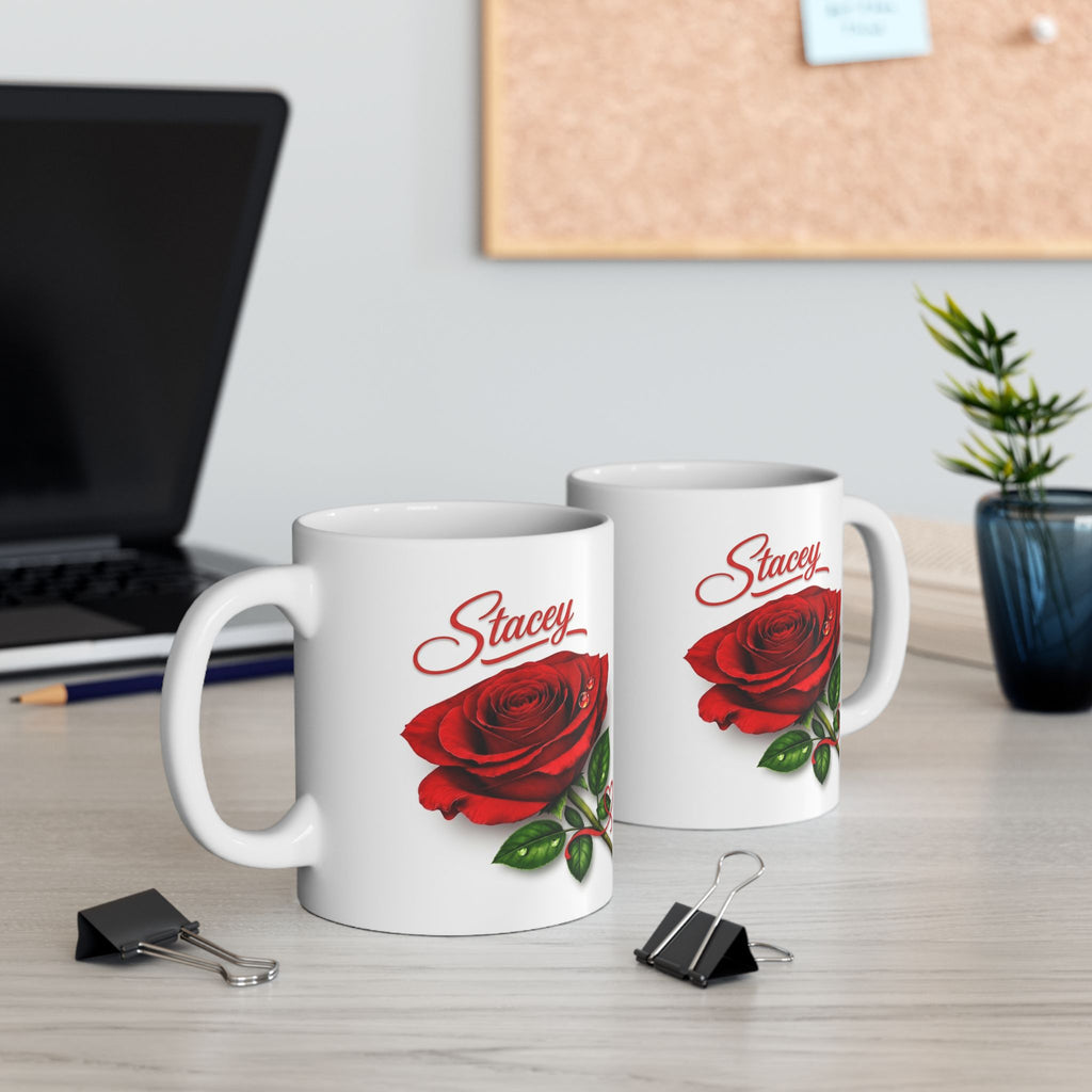 Stacey – A Name That Stands With Confidence | Signature Rose White Mug – Elegant Personalized Gift