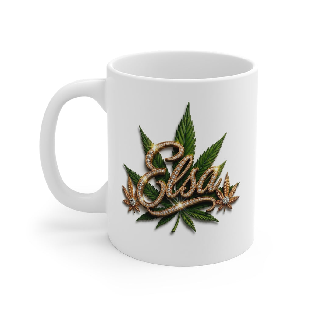 Elsa Emerald Royale – Diamond Gold Cannabis Leaf Luxury White Ceramic Mug