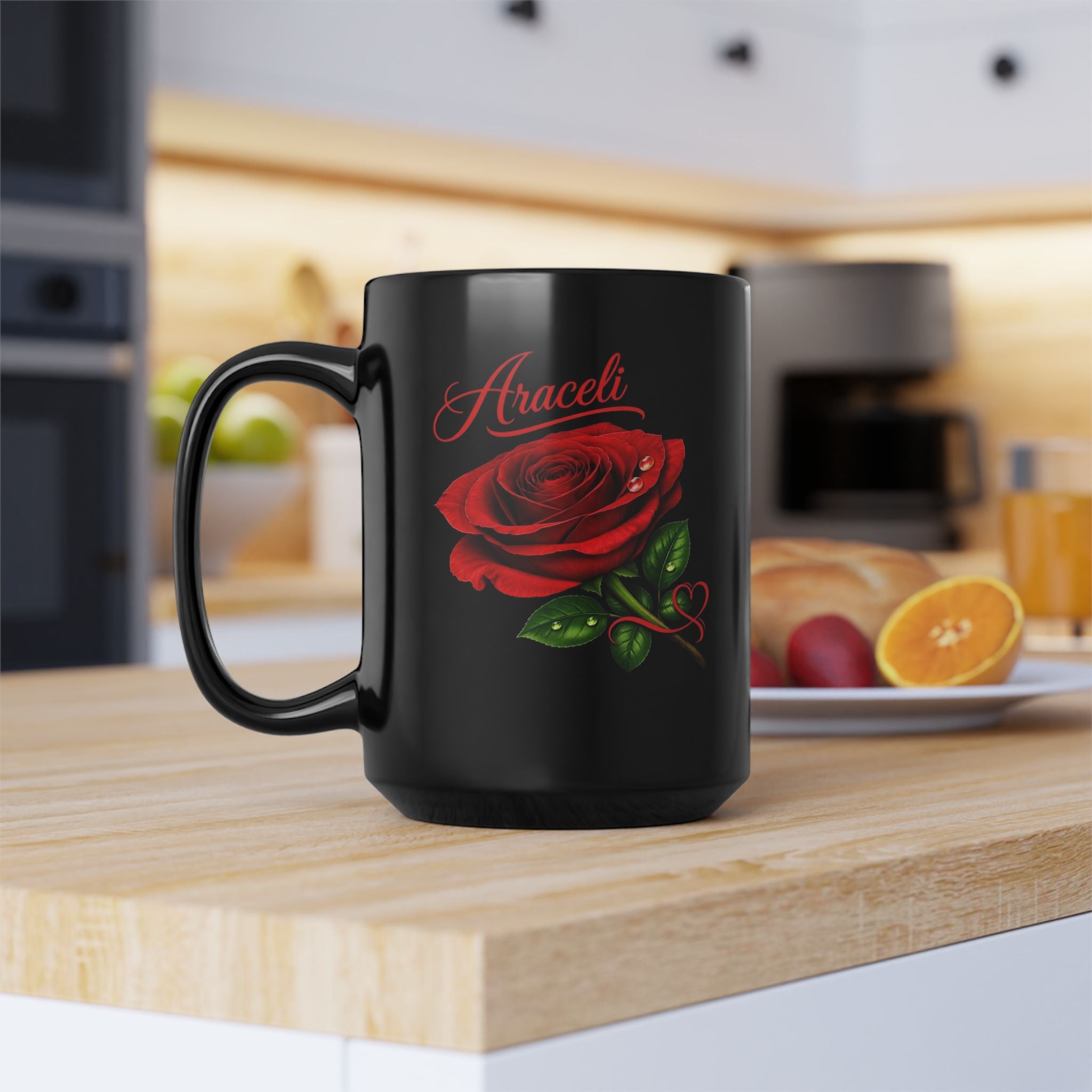 Araceli Signature Rose Black Mug – Personalized Luxury Gift, Elegant Rose Coffee Mug, Premium Floral Keepsake