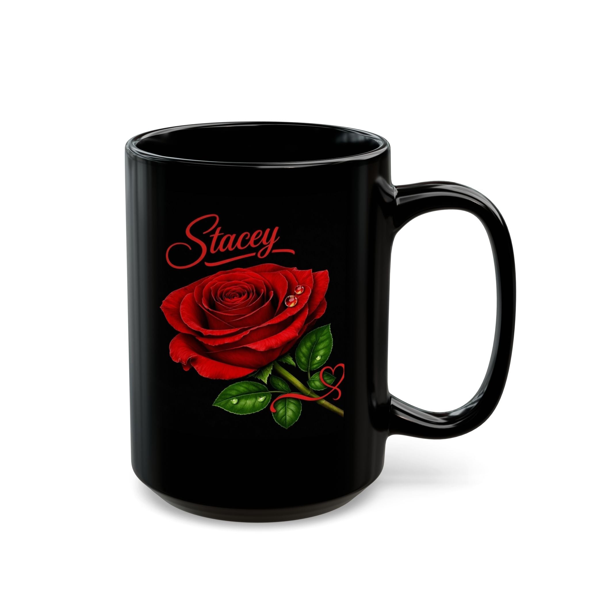 Stacey – A Name That Stands With Confidence | Signature Rose Black Mug – Elegant Personalized Gift
