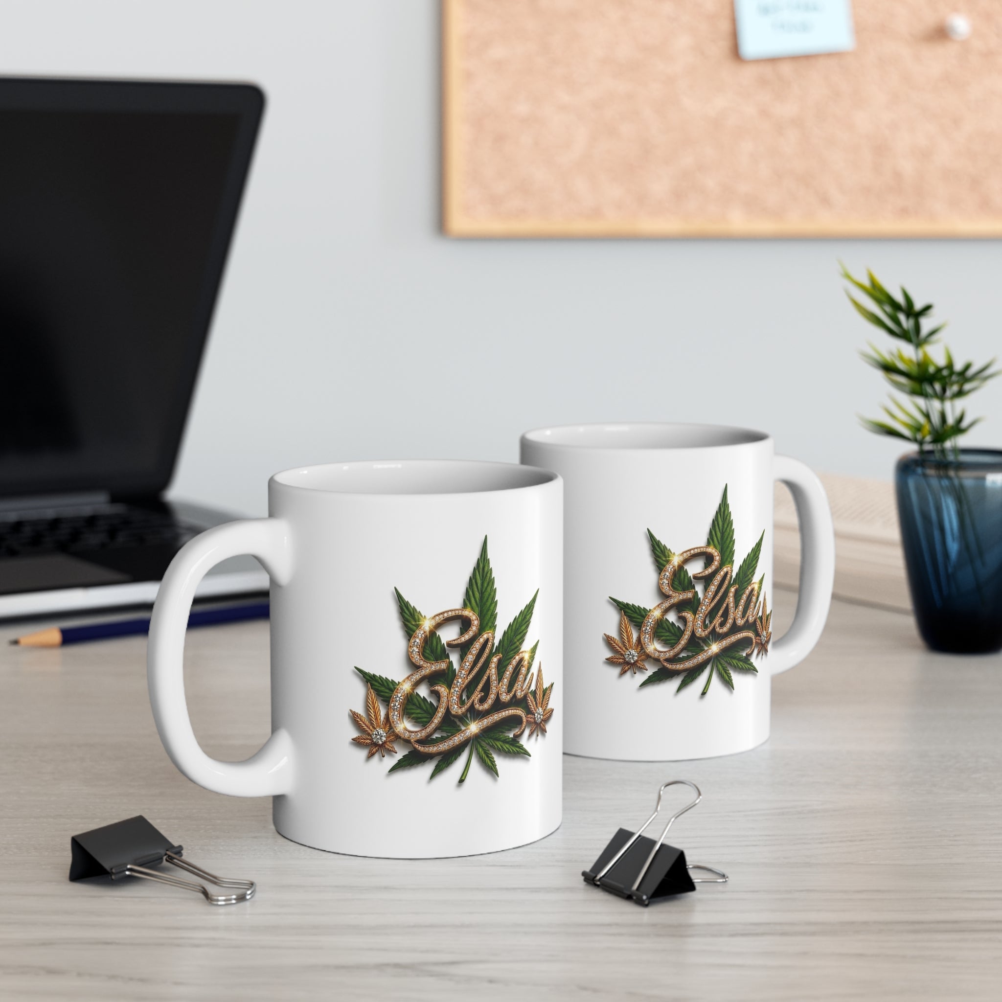 Elsa Emerald Royale – Diamond Gold Cannabis Leaf Luxury White Ceramic Mug