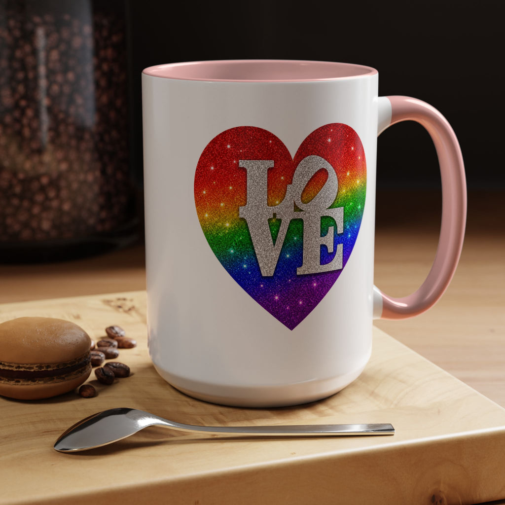 Rainbow LOVE Jewel Heart White Coffee Mug – Luxury Glitter Heart Mug | Premium Sparkling Rainbow LOVE Design