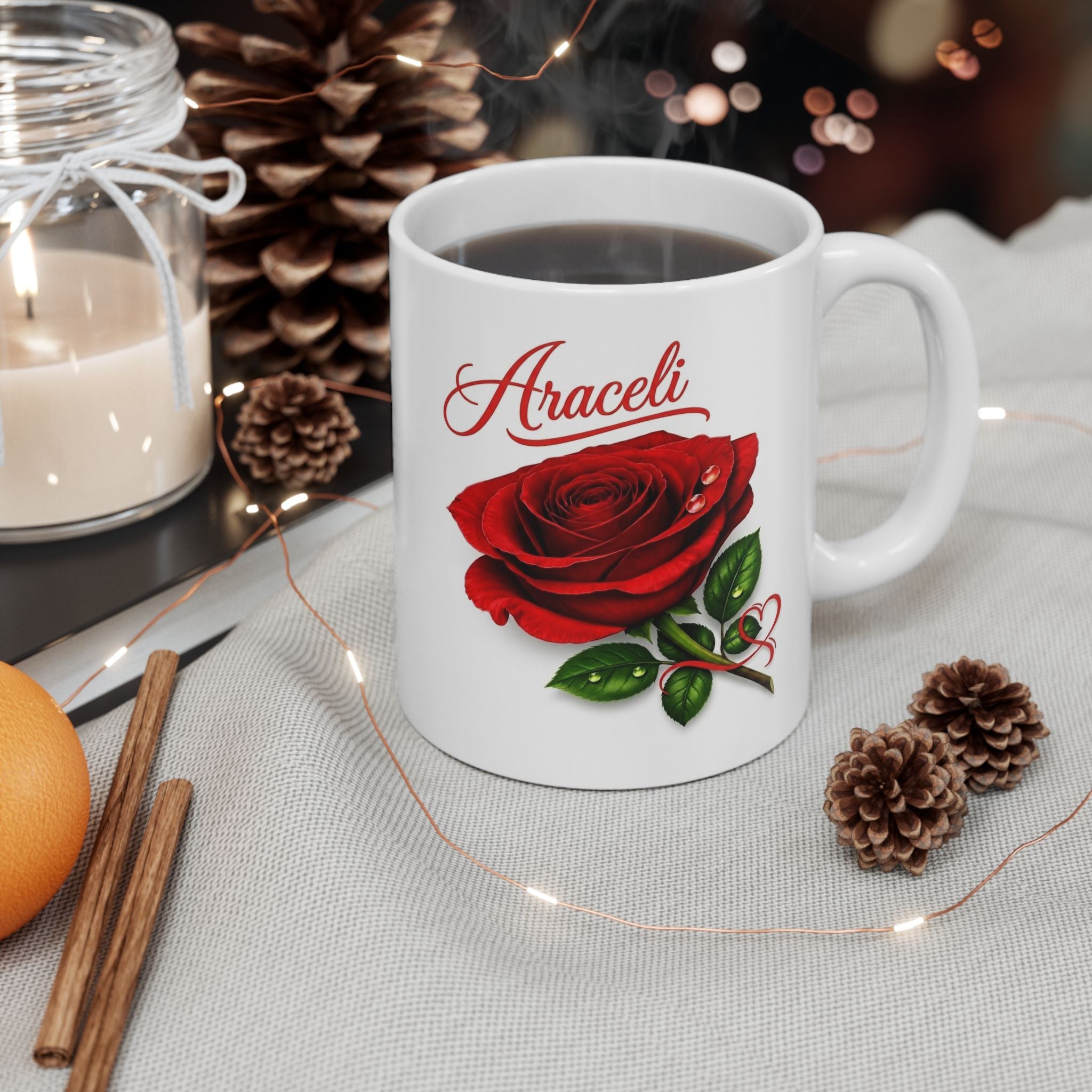 Araceli Signature Rose White Mug – Personalized Luxury Gift, Elegant Rose Coffee Mug, Premium Floral Keepsake