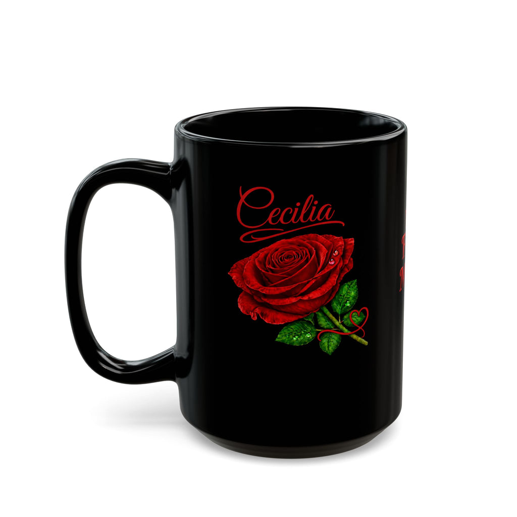 Cecilia Signature Rose Black Mug – Personalized Luxury Gift, Elegant Rose Coffee Mug, Premium Floral Keepsake