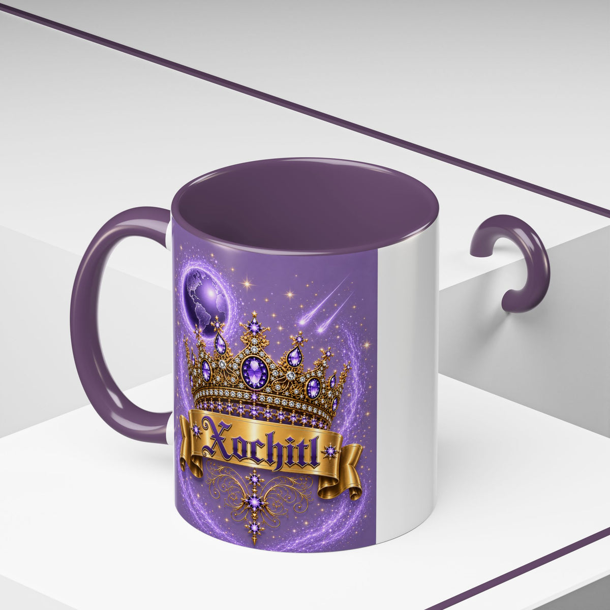 The Purple Crown of Destiny™ | Xochitl Personalized Royal Crown Mug | Luxury Celestial Fantasy Coffee Mug | Premium White Ceramic Mug | The Fugly Mugly™