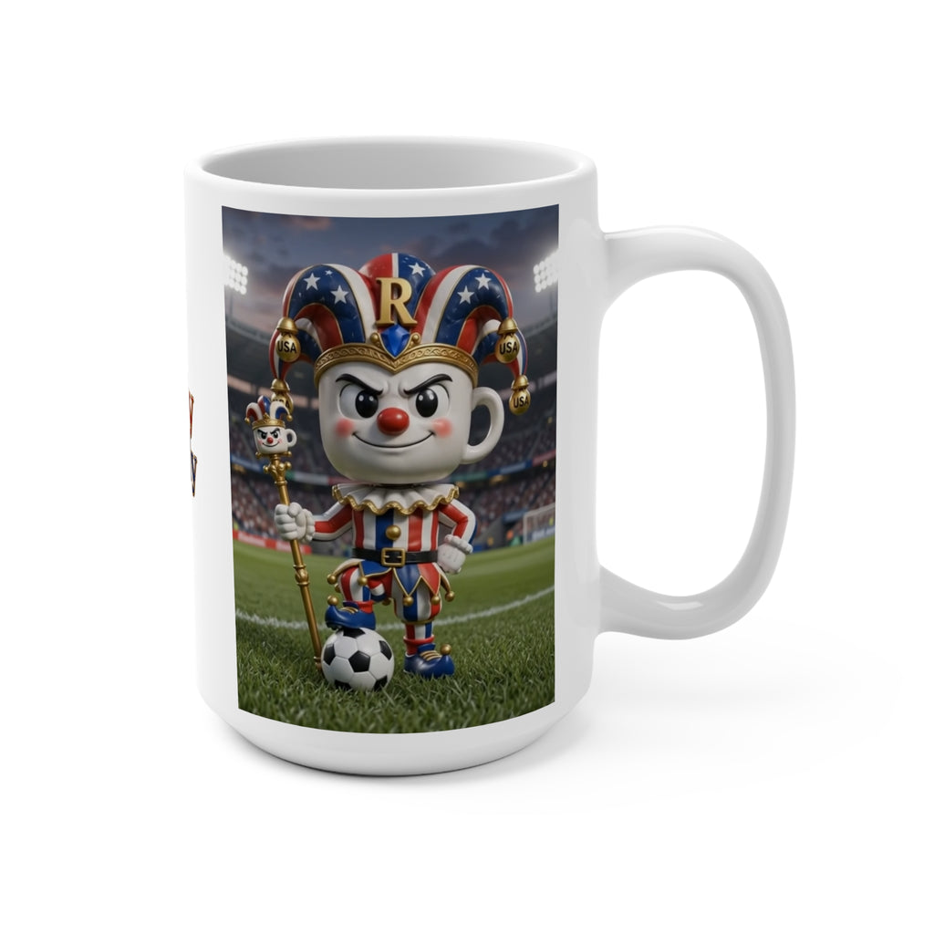 The Fugly Mugly™ USA Soccer Jester White Mug – Patriotic Soccer Fan Art Coffee Mug, American Football Stadium Inspired Collectible Mug