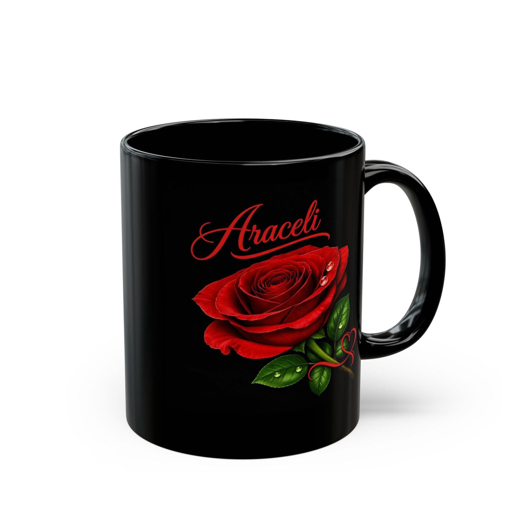 Araceli Signature Rose Black Mug – Personalized Luxury Gift, Elegant Rose Coffee Mug, Premium Floral Keepsake