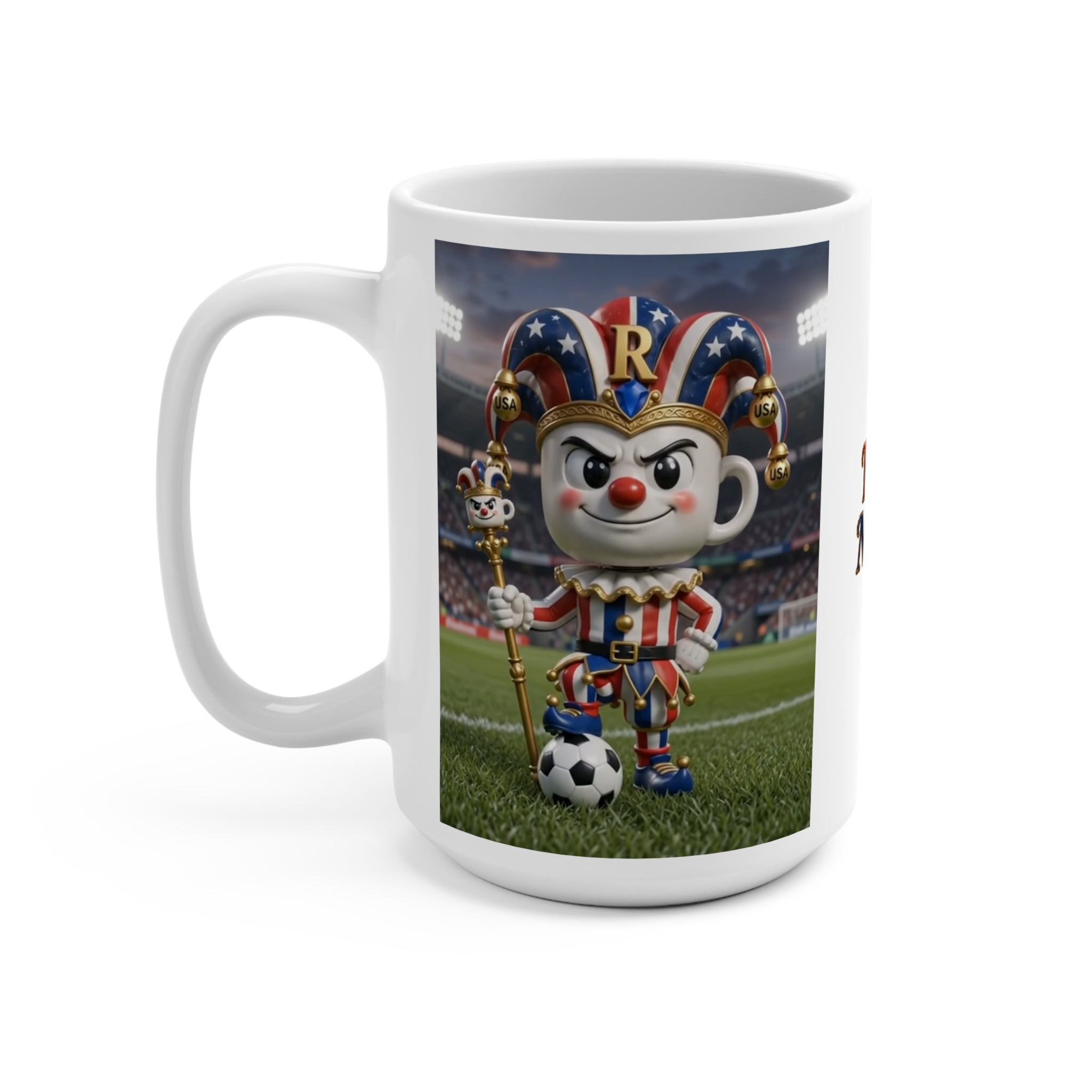 The Fugly Mugly™ USA Soccer Jester White Mug – Patriotic Soccer Fan Art Coffee Mug, American Football Stadium Inspired Collectible Mug