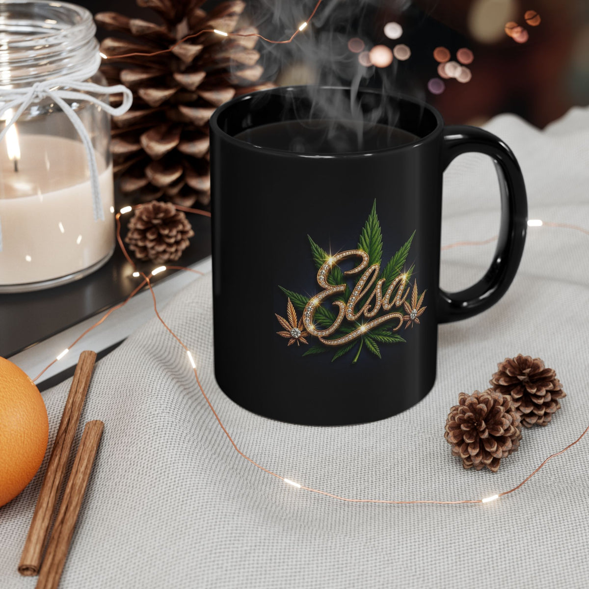 Elsa Emerald Royale – Diamond Gold Cannabis Leaf Luxury Black Ceramic Mug