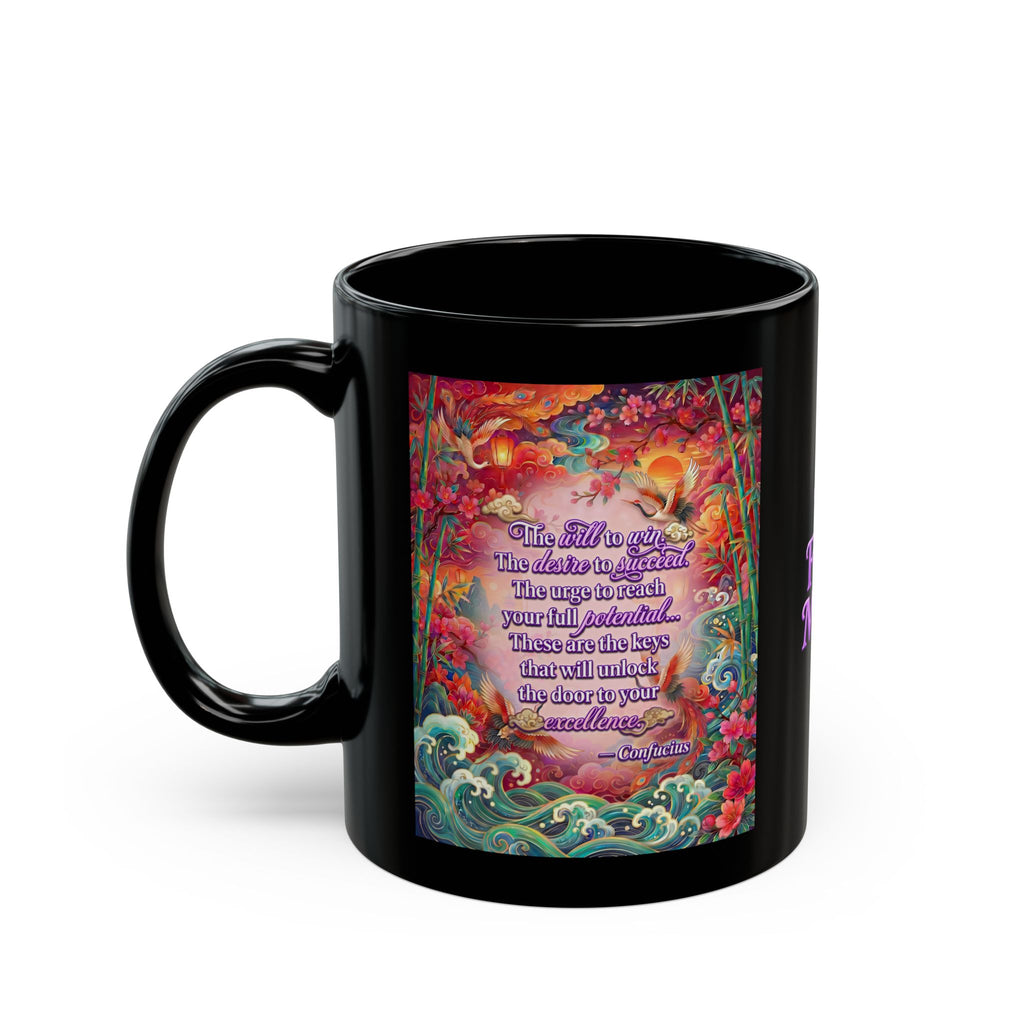 The Keys to Excellence – Confucius Wisdom Black Mug | Luxury Philosophy Coffee Mug