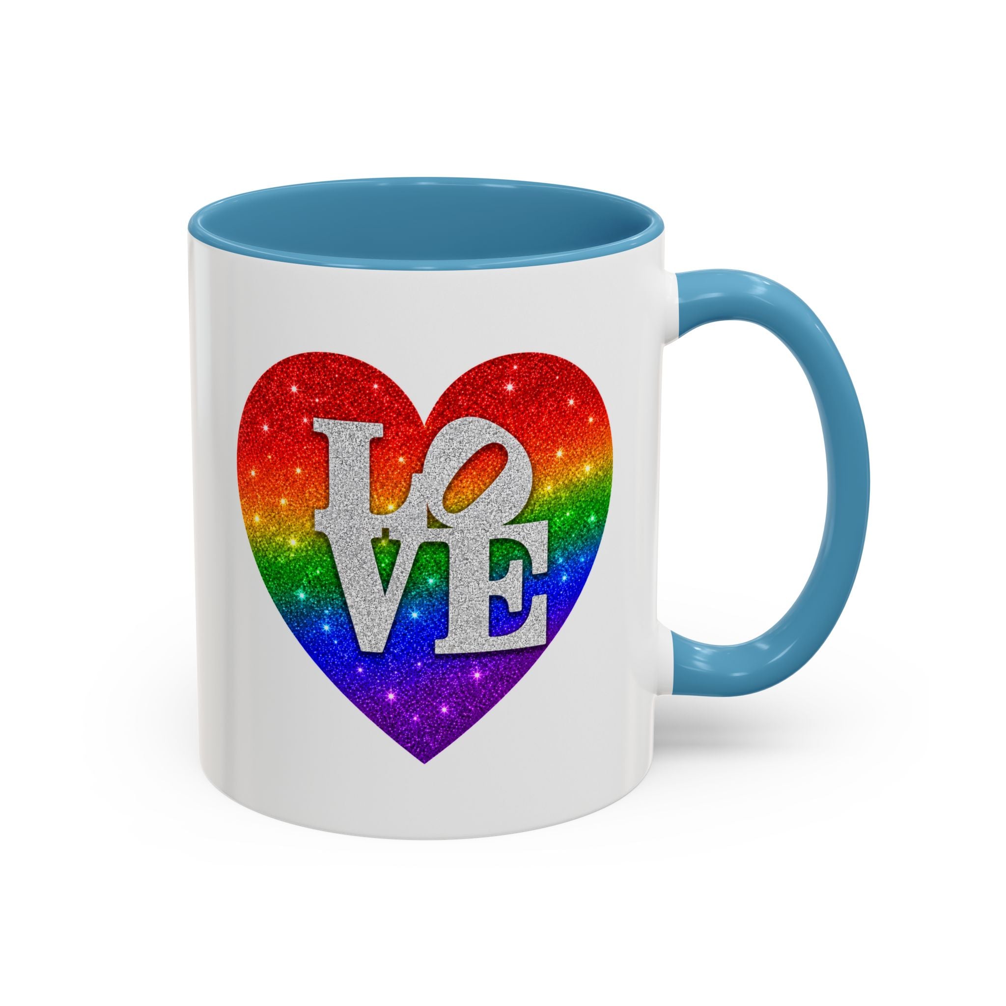 Rainbow LOVE Jewel Heart White Coffee Mug – Luxury Glitter Heart Mug | Premium Sparkling Rainbow LOVE Design